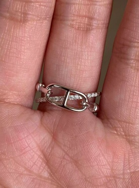 韩系ins风轻奢猪鼻镶钻交叉戒指女时尚潮流百搭通勤指环可调节