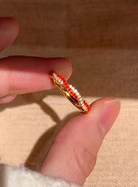 轻奢复古红白交织麻花戒指女撞色