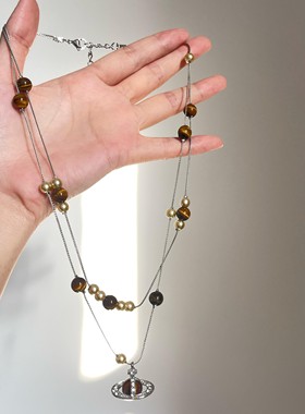 秋冬虎眼石珍珠土星吊坠项链颈链