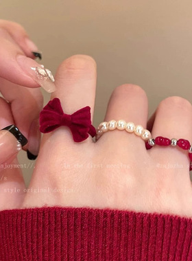 新年款红色丝绒珍珠戒指女款指环