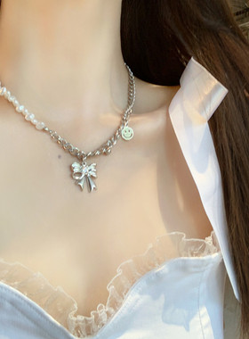 不对称蝴蝶结珍珠项链颈链锁骨链