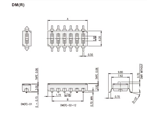 台湾园达DIP贴片2位琴键式拨码开关 DM-02-V-T/R 2.54mm间距凸型-图1