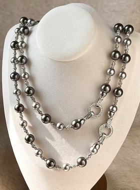 麻灰色施家珍珠项链女圆环扣