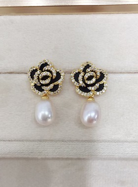 微镶滴油天然淡水黑色山茶花吊坠