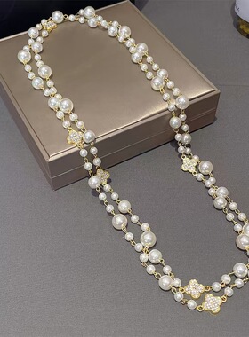 法式四叶草珍珠毛衣链女长款