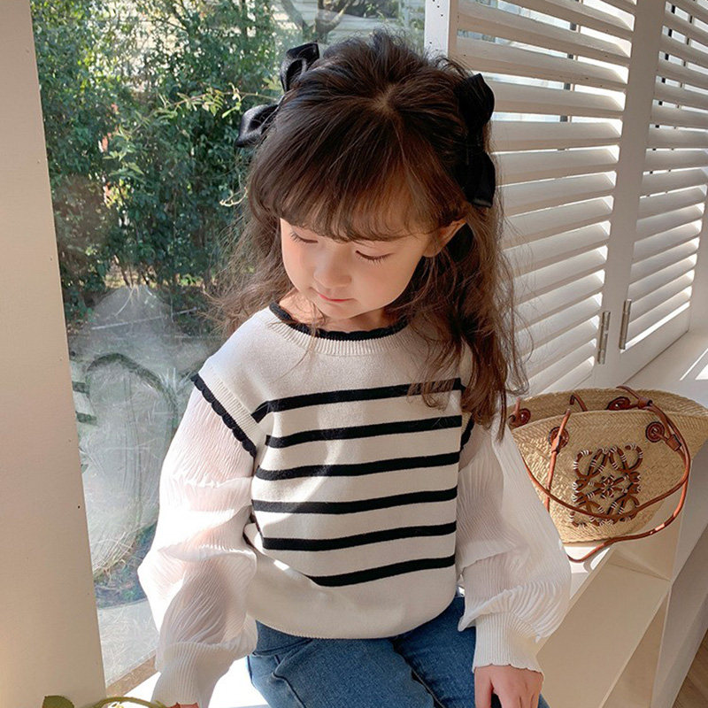 女童针织衫秋装新款儿童毛衣假两件马甲背心女孩春秋条纹洋气上衣,淘宝优惠券,粉丝福利购,淘宝优惠卷