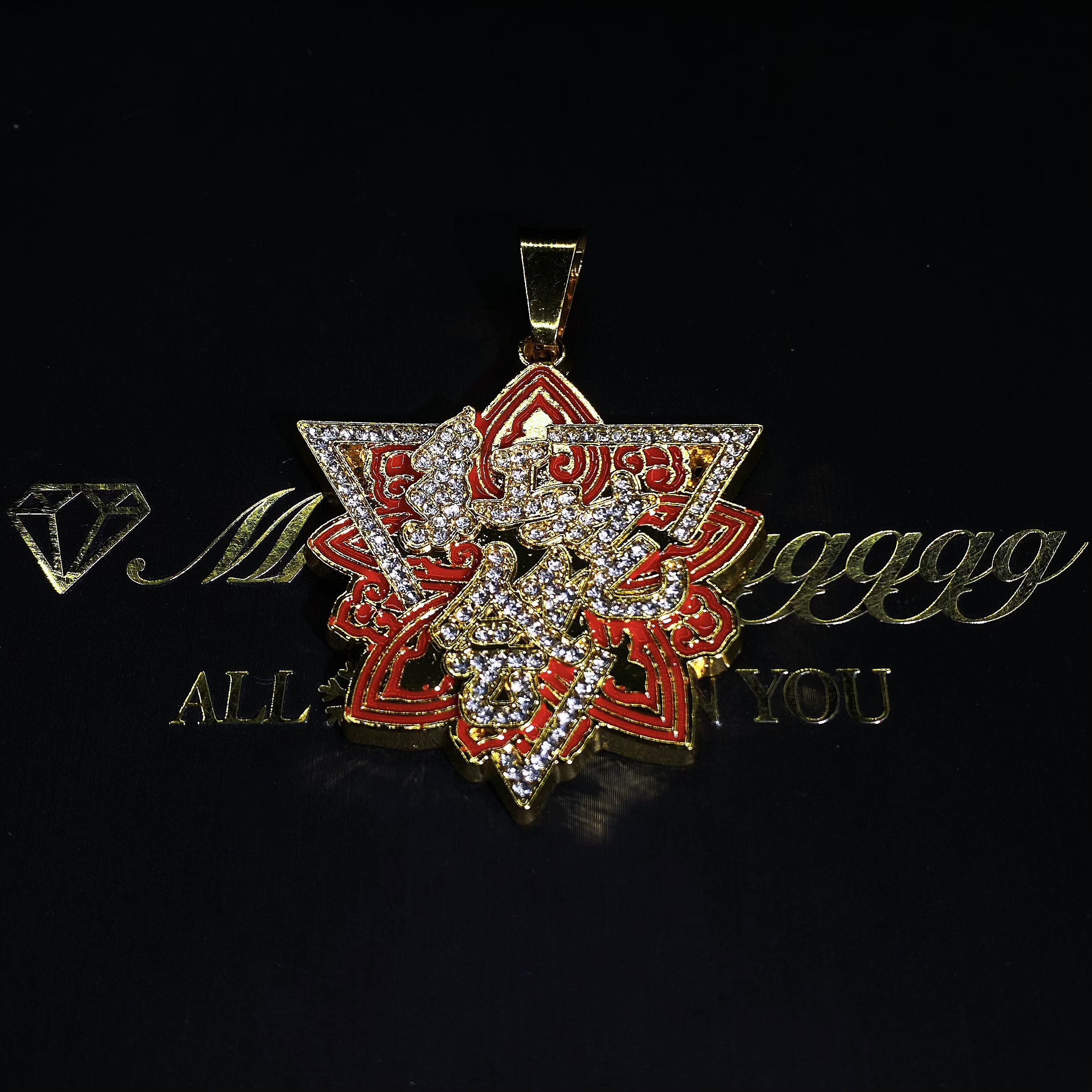 Mr.Blingggggg European and American hip-hop jewelry Red Flower Club HHH same style full diamond red enamel rap pendant