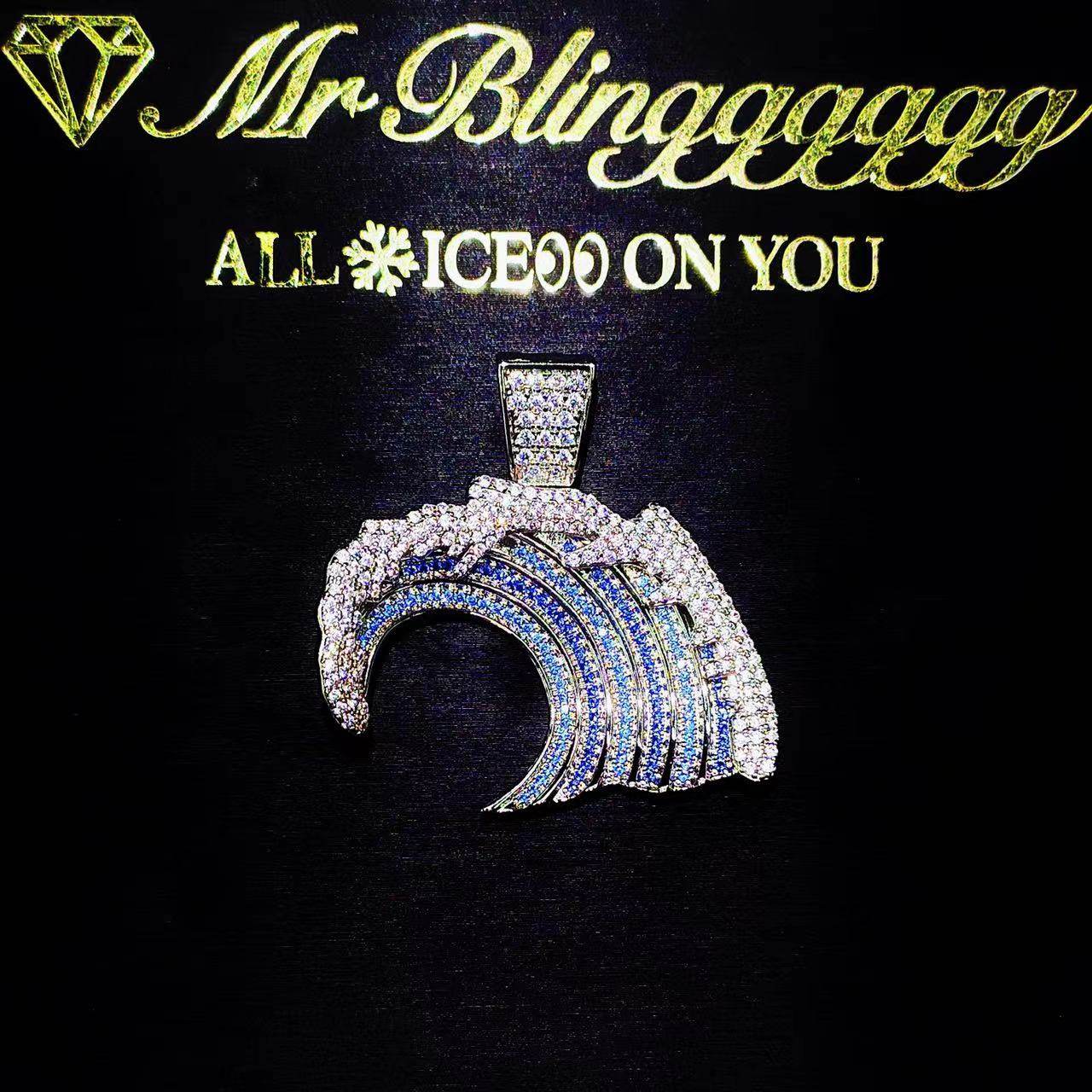 Mr.Blingggggg European and American hip-hop jewelry full diamond gradient sea blue ukiyo-e style wave pendant