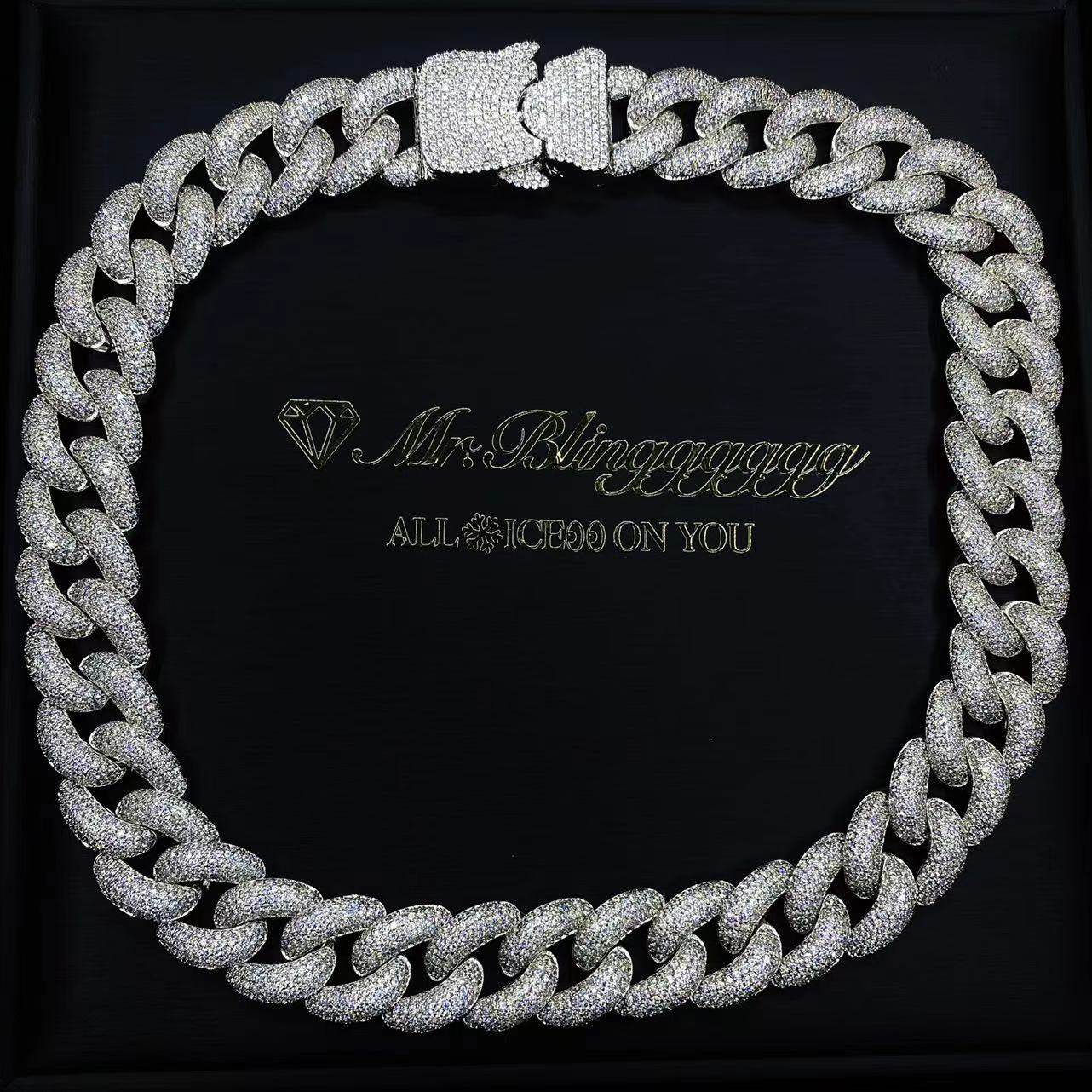 Mr.Blingggggg European and American hip-hop jewelry 20mm wide dense full diamond multi-row diamond safety buckle Cuban chain