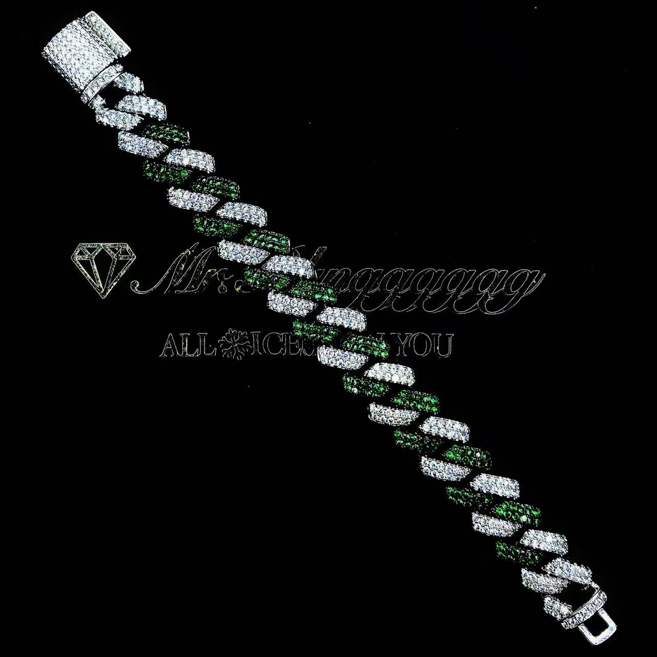 Mr.Blingggggg European and American hip-hop jewelry customized 15mm full diamond white green stitching diamond-shaped Cuban chain