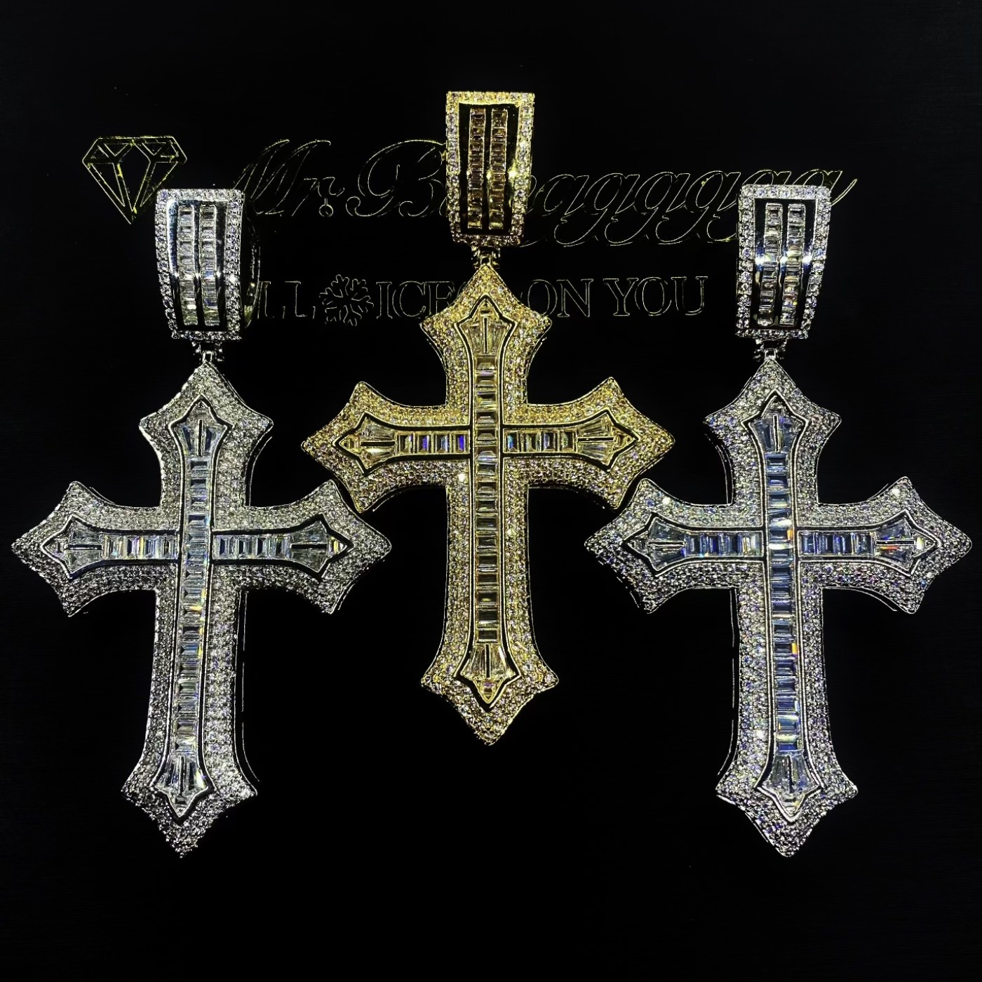 Mr.Blingggggg European and American hip-hop jewelry full diamond mixed inlay baguette diamond pointed cross pendant