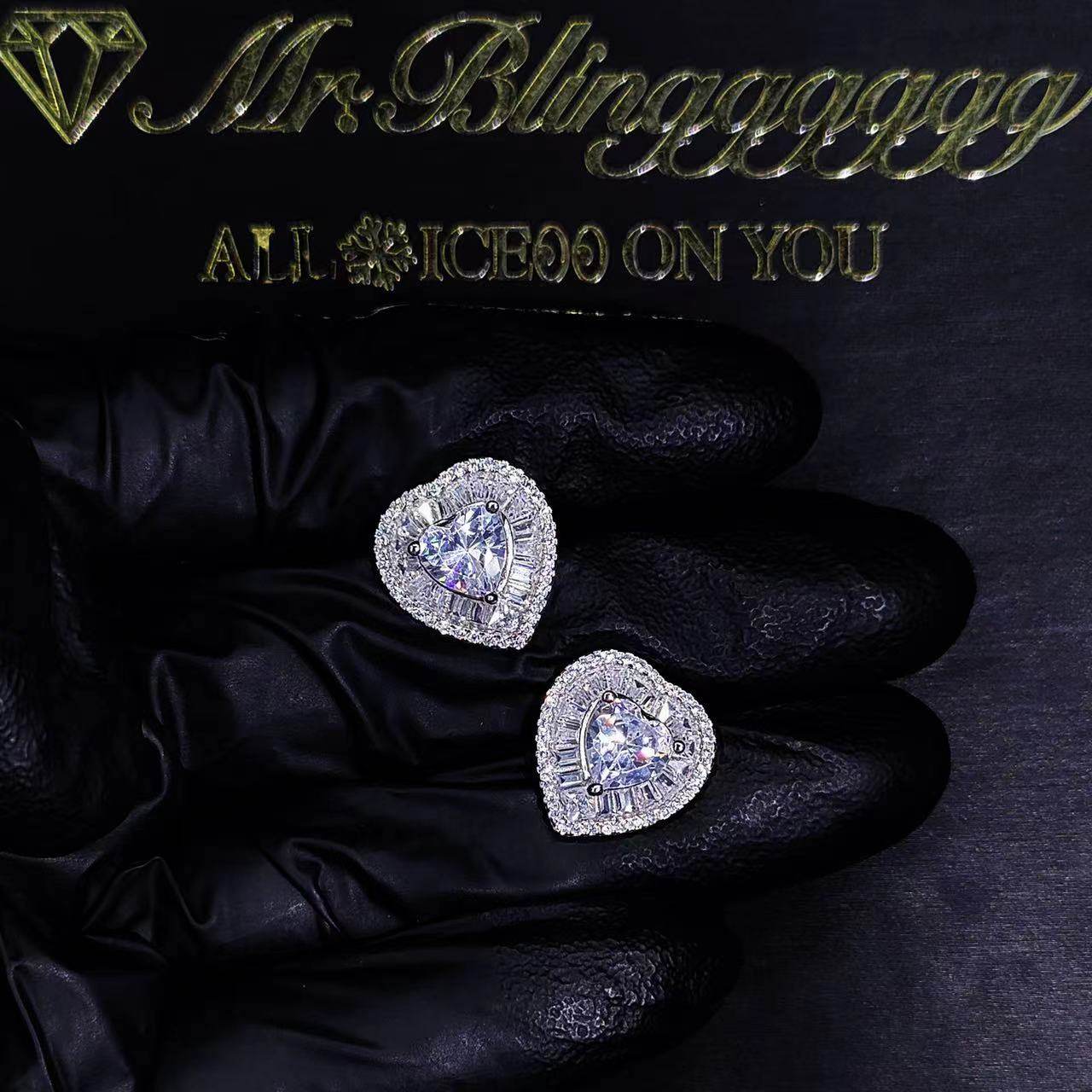 Mr.Blingggggg European and American hip-hop jewelry s925 silver full diamond mixed inlaid large love couple earrings