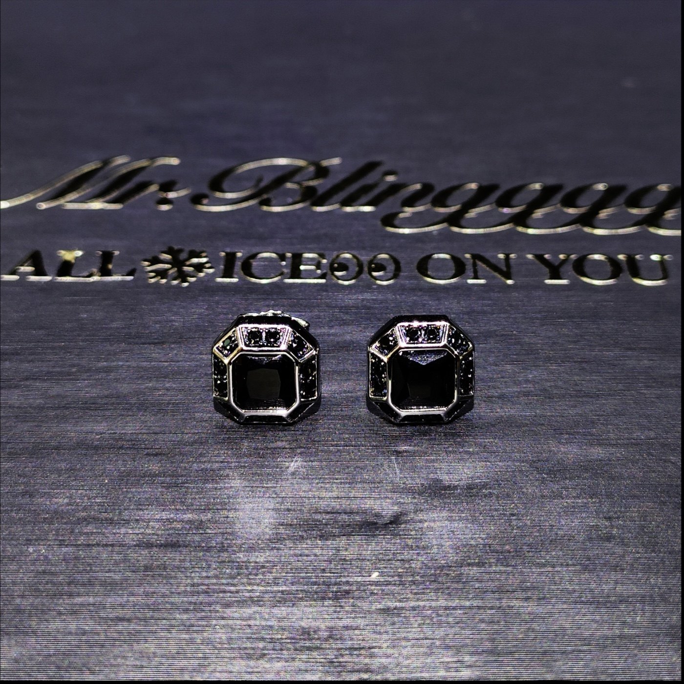 Mr.Blingggggg European and American hip-hop jewelry 925 silver full diamond group set with black diamond octagonal earrings