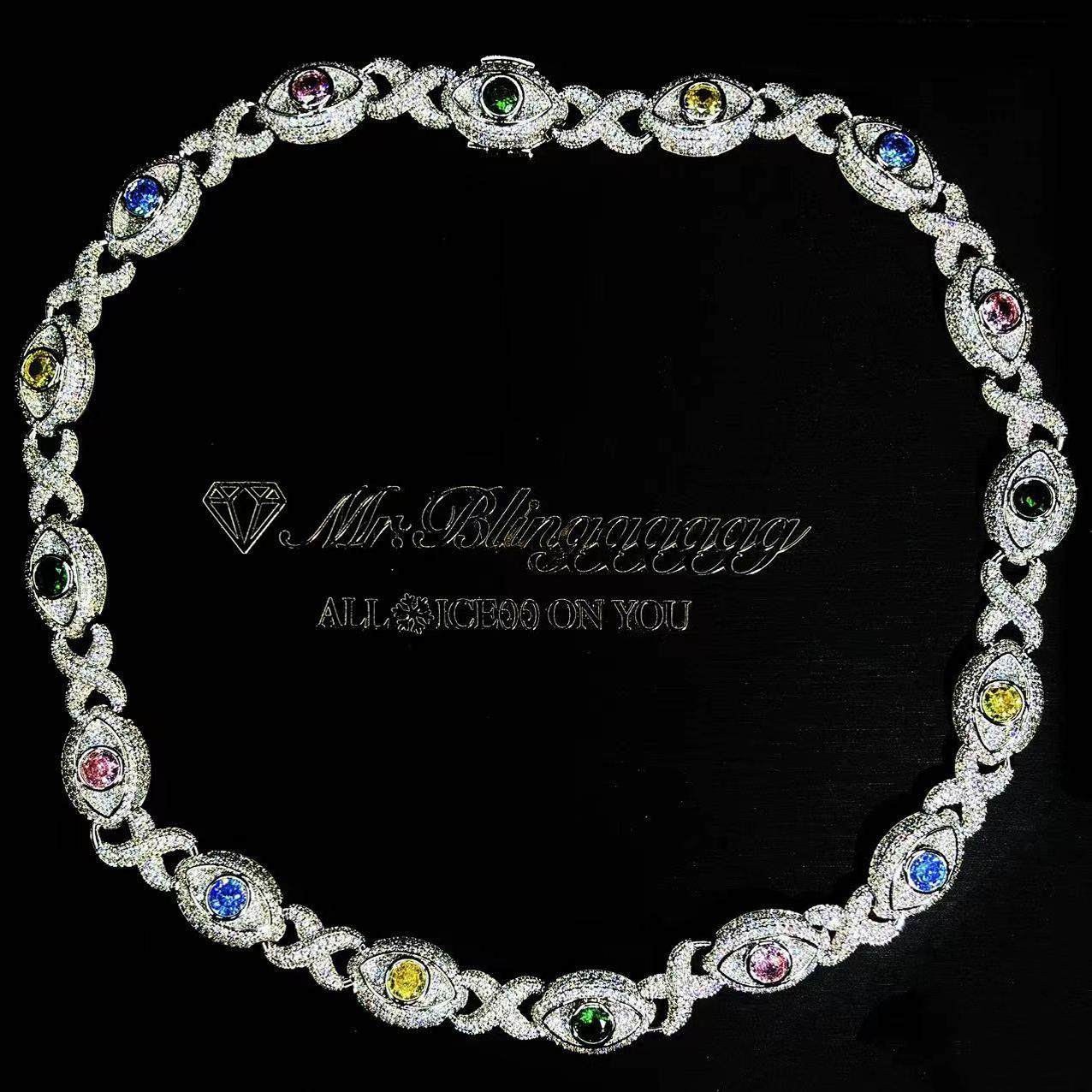 Mr.Blingggggg European and American hip-hop jewelry 14mm full diamond Mobius All-Seeing Eye colored diamond Cuban chain