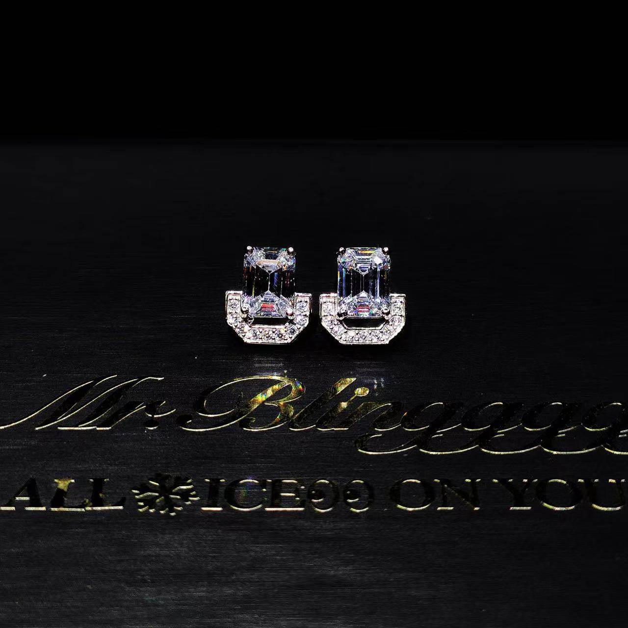 Mr.Blingggggg European and American hip-hop jewelry S925 sterling silver mixed inlay baguette diamond pagoda super flash earrings