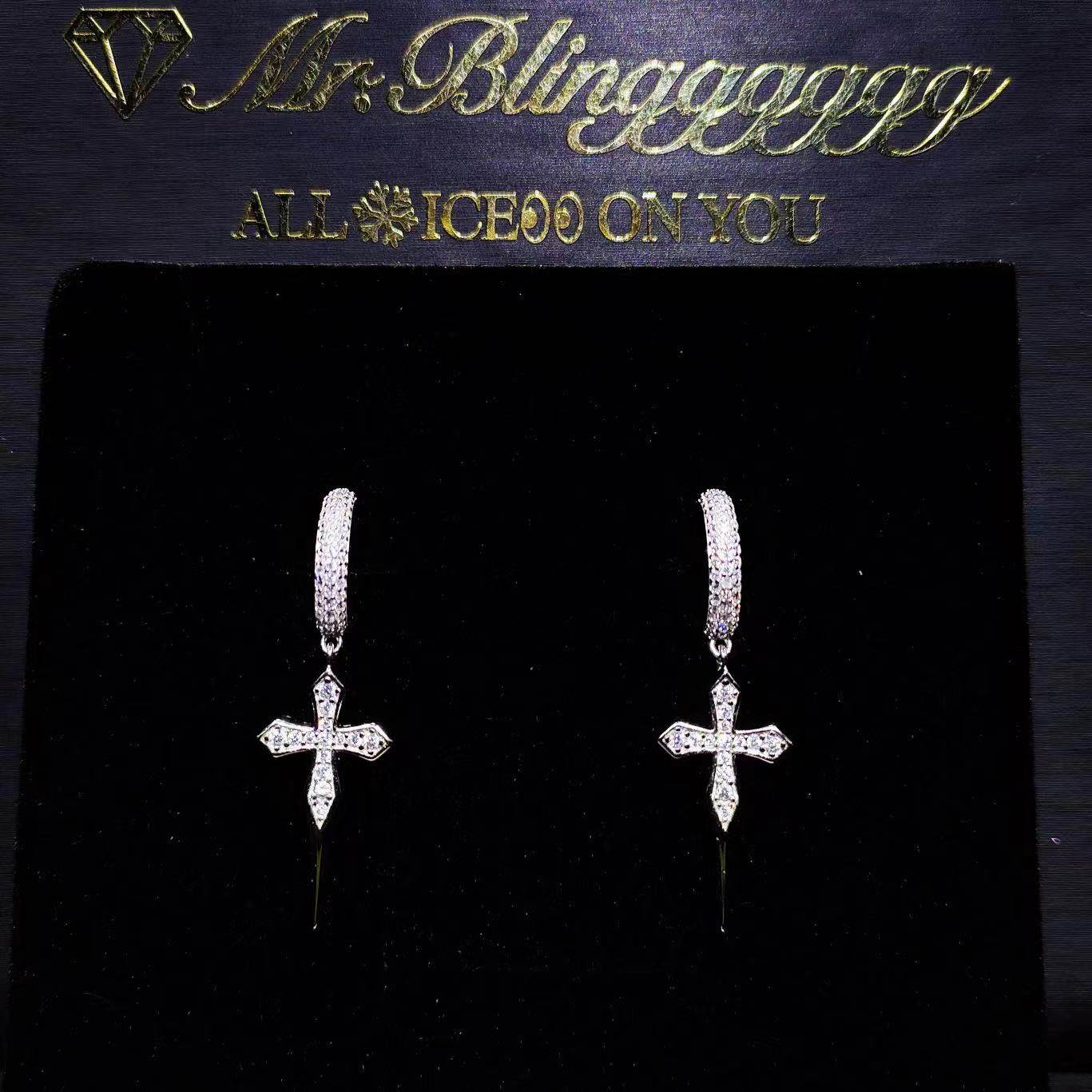 Mr.Blingggggg European and American hip-hop jewelry s925 sterling silver full diamond cross earrings diamond rap earrings