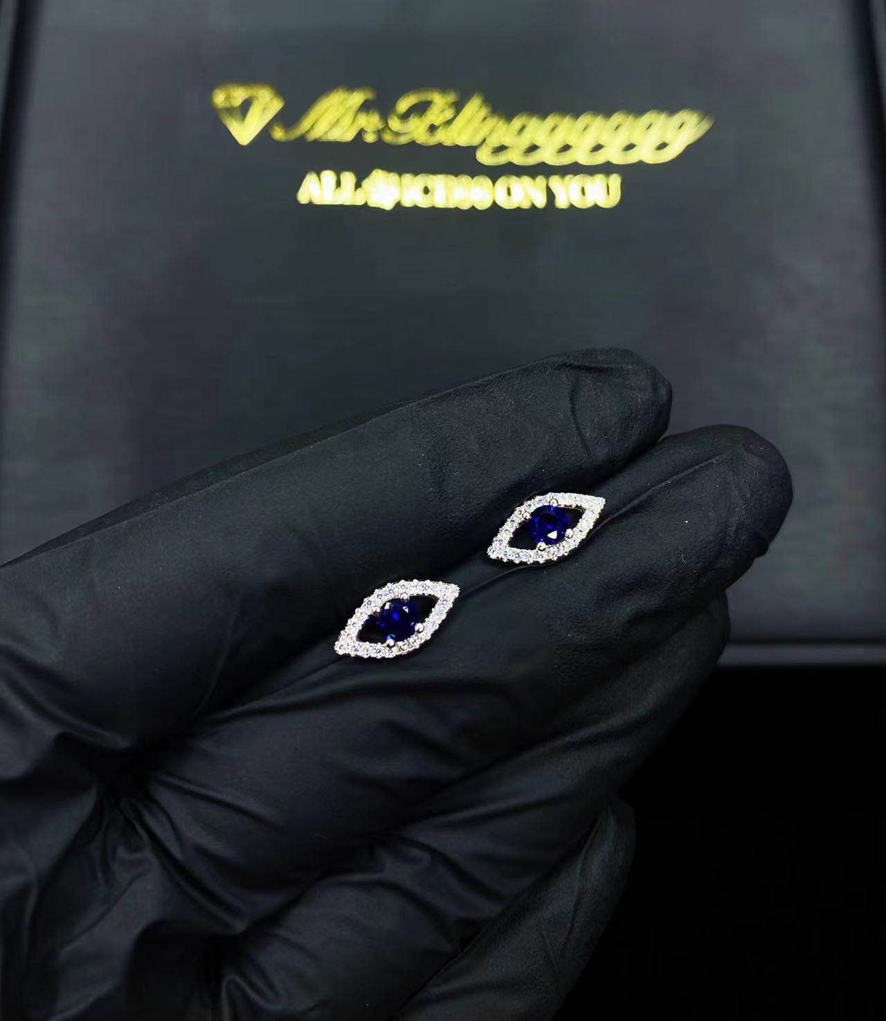Mr.Blingggggg European and American Hip Hop Jewelry S925 Sterling Silver Blue Diamond Eye of Horus Couple Earrings