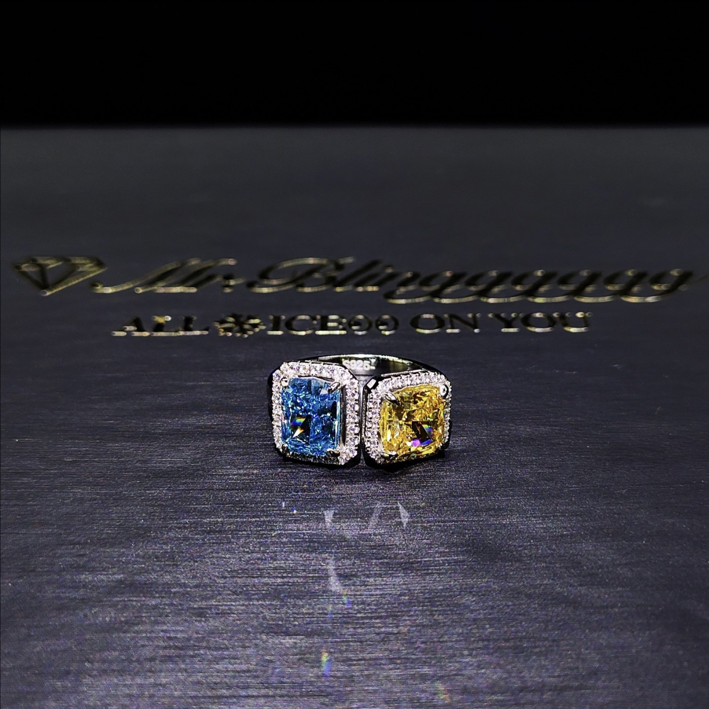 Mr.Blingggggg European and American hip-hop jewelry 925 silver full diamond blue and yellow couple style rock candy inlaid diamond ring