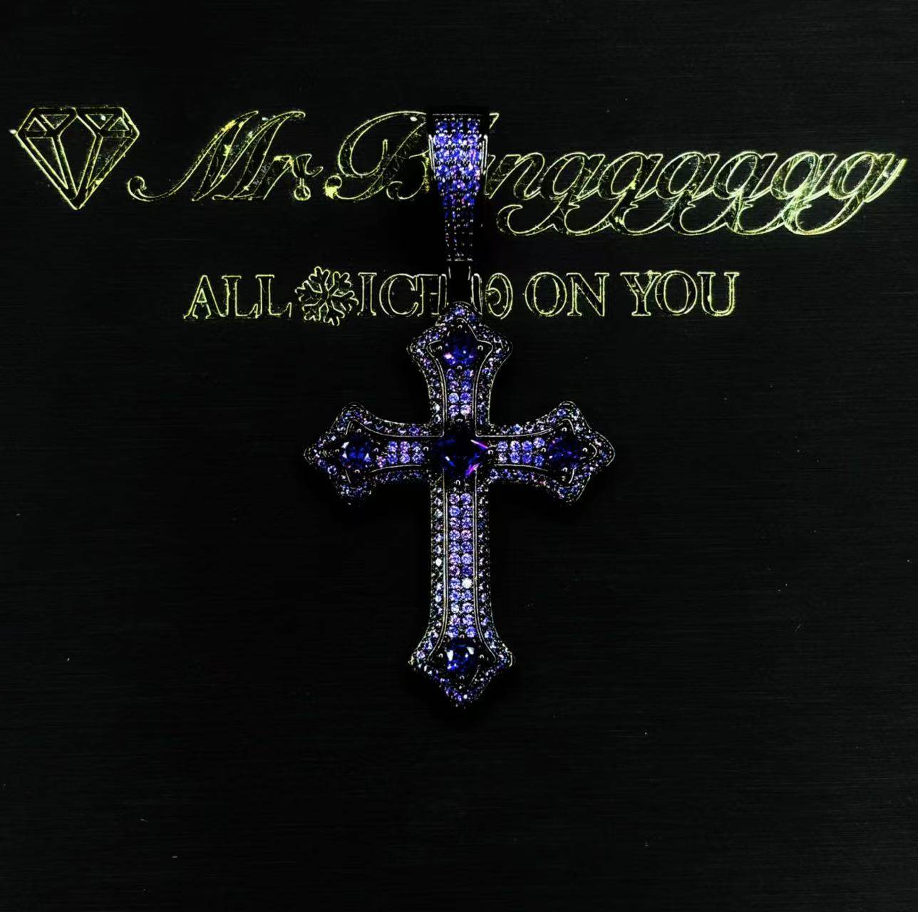 Mr.Blingggggg European and American hip-hop jewelry full diamond black purple dark style mixed inlaid cross pendant