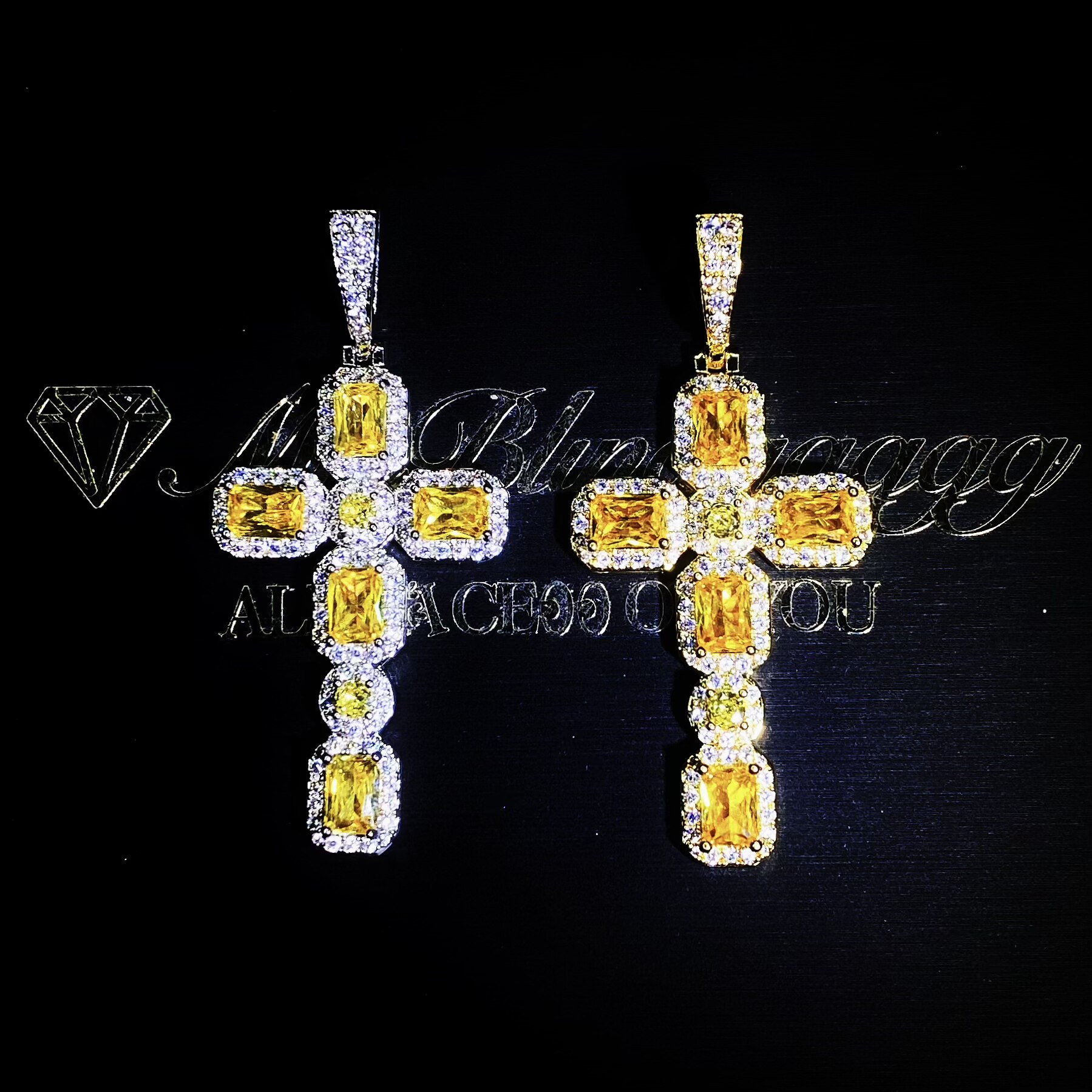 Mr.Blingggggg European and American hip-hop jewelry full diamond mixed inlaid couple yellow rock candy cross pendant