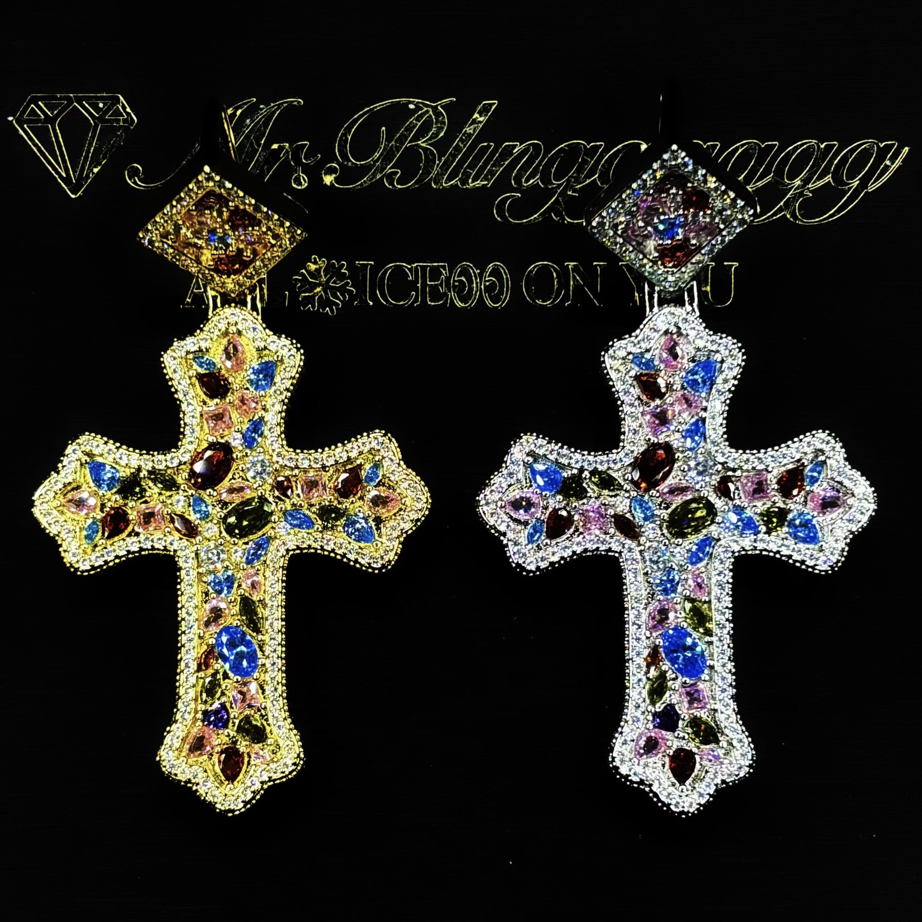 Mr.Blingggggg European and American hip-hop jewelry full diamond mixed inlaid color diamond couple cross pendant