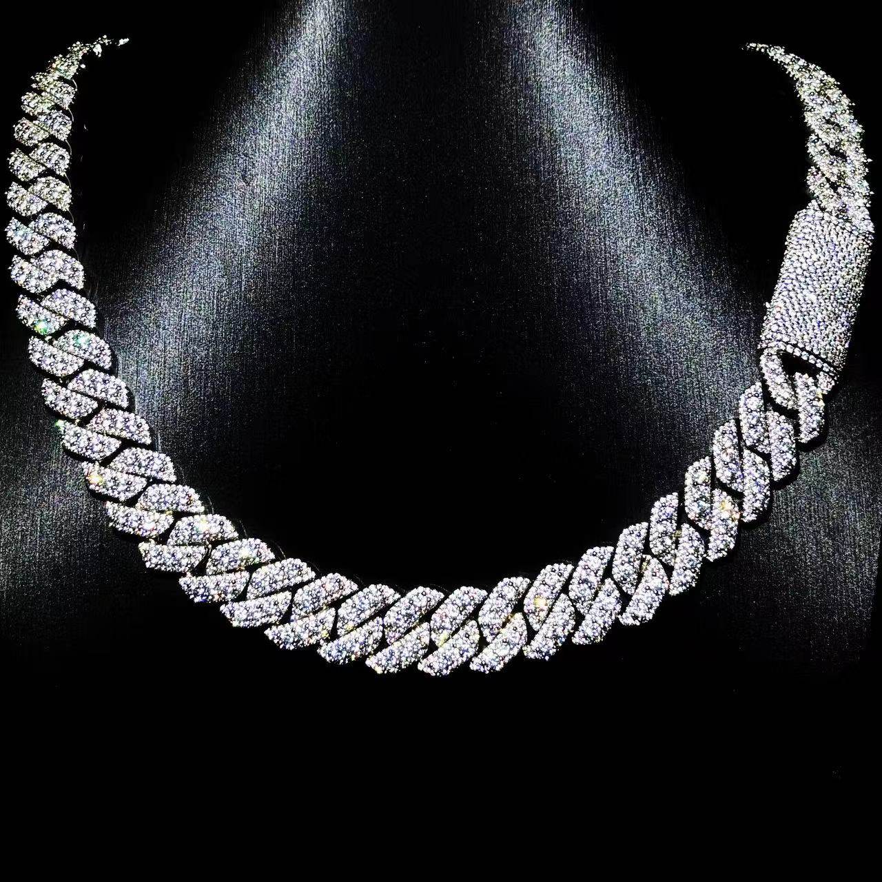 Mr.Blingggggg European and American hip-hop jewelry high-definition 16mm full diamond mixed inlaid three-dimensional rhombus Cuban chain
