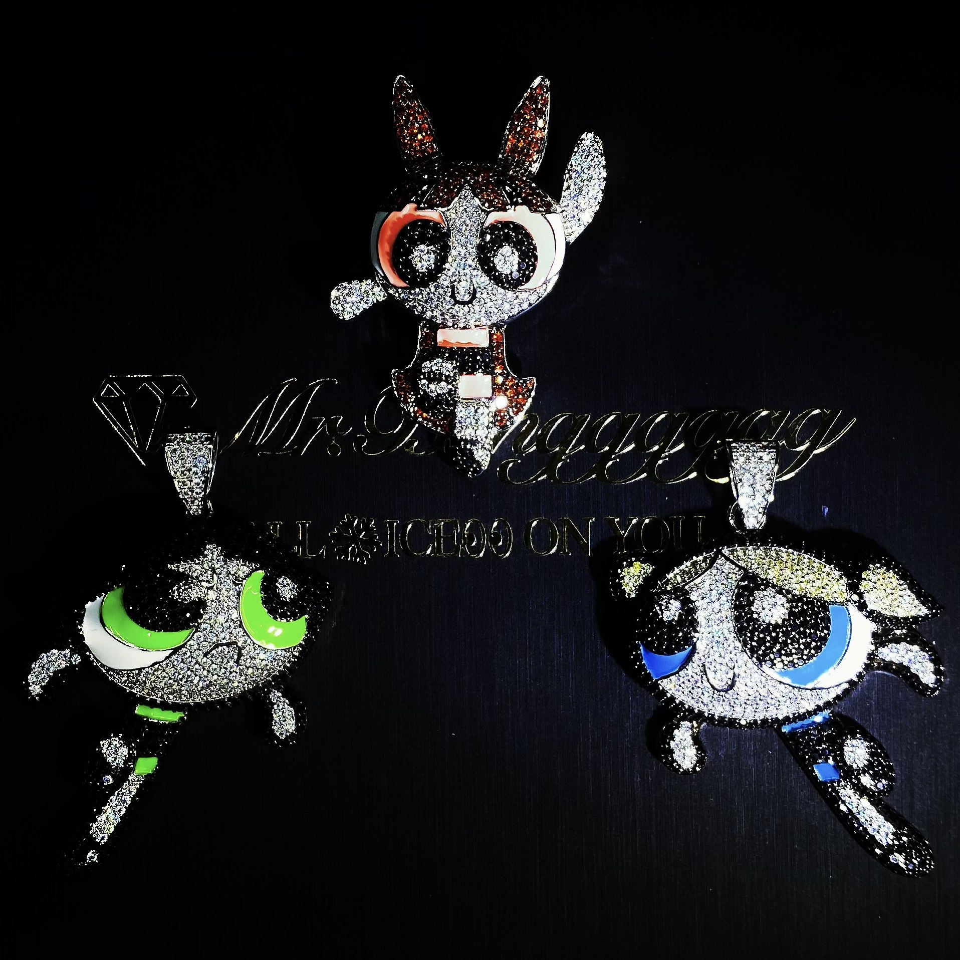 Mr.Blingggggg European and American hip-hop diamond-encrusted enamel couple's cartoon color Powerpuff Girls pendant