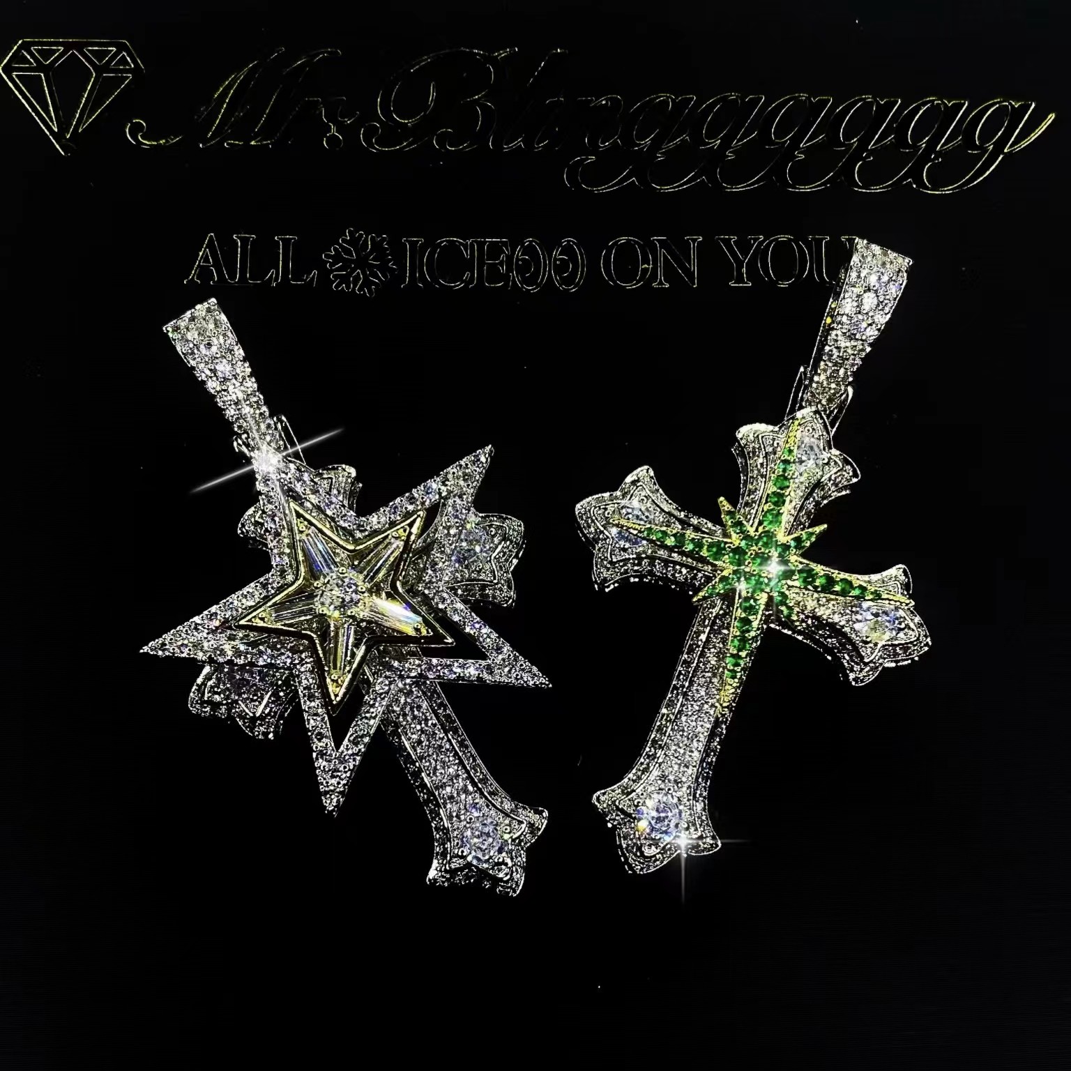 Mr.Blingggggg European and American hip-hop jewelry, rotatable gold mixed inlaid star cross pendant