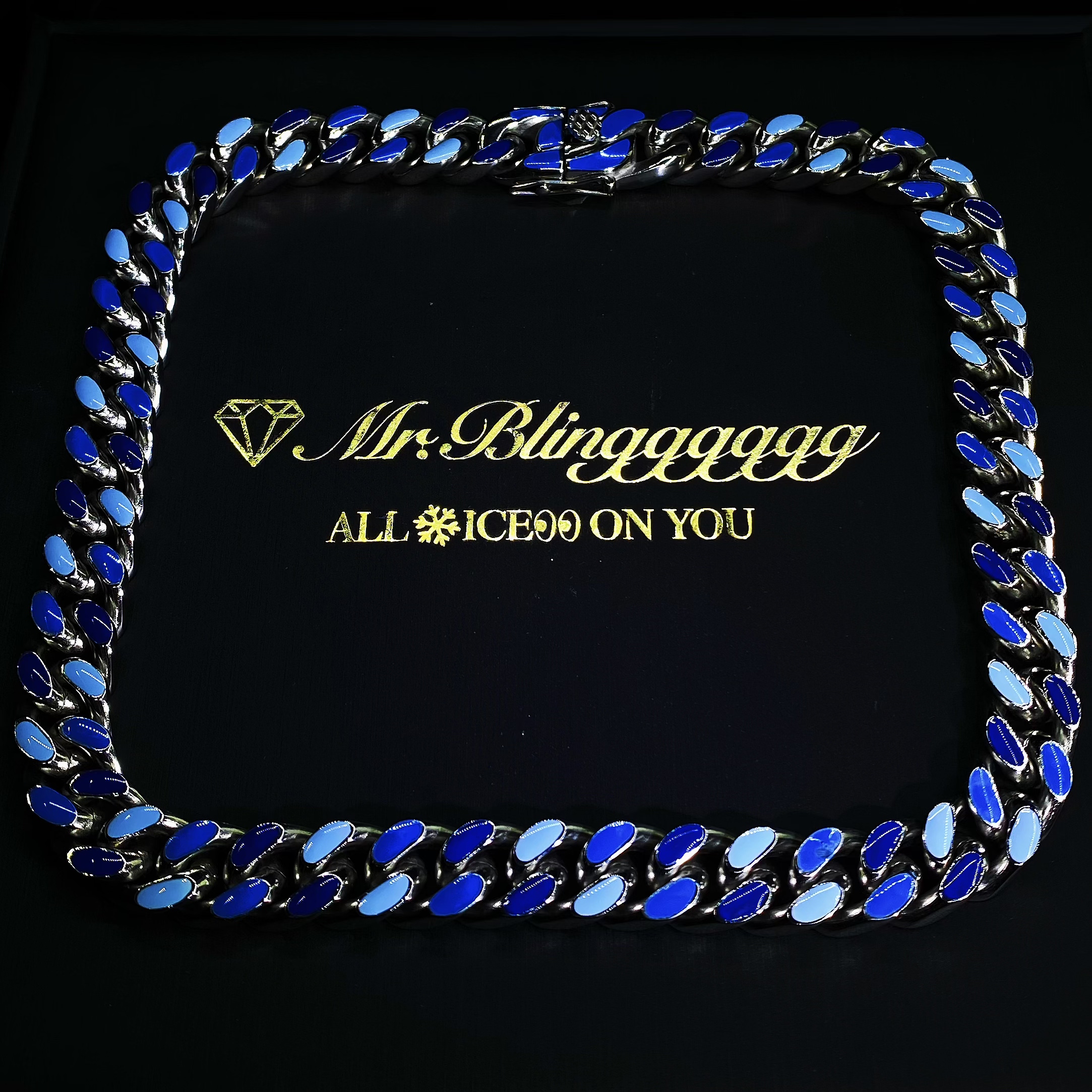Mr.Blingggggg European and American hip-hop jewelry 12mm double-sided gradient blue enamel diamond-free Cuban chain