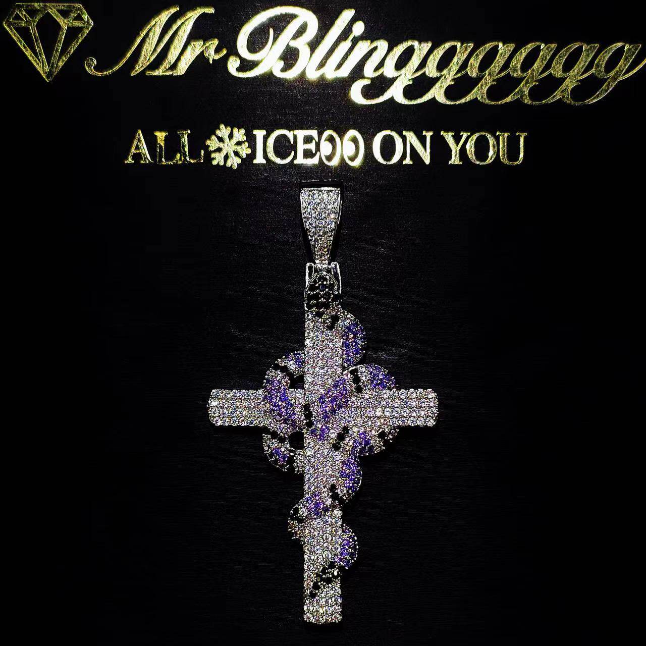 Mr.Blingggggg European and American hip-hop jewelry customized full diamond purple solid small snake cross couple pendant