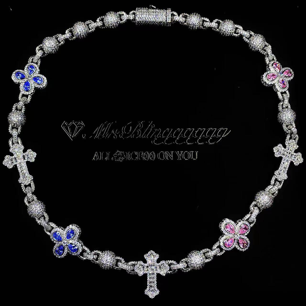 Mr.Blingggggg European and American hip-hop jewelry full diamond mixed inlaid four-leaf flower cross ball bead necklace