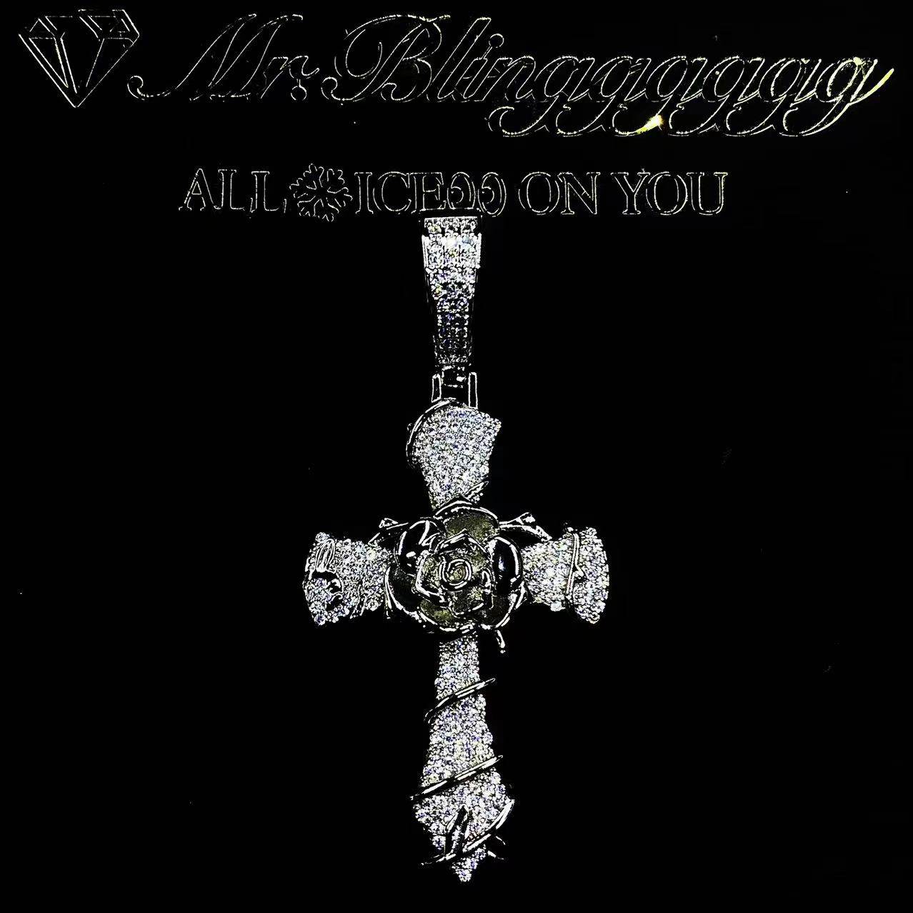 Mr.Blingggggg European and American hip-hop jewelry full diamond rap style vine rose cross pendant
