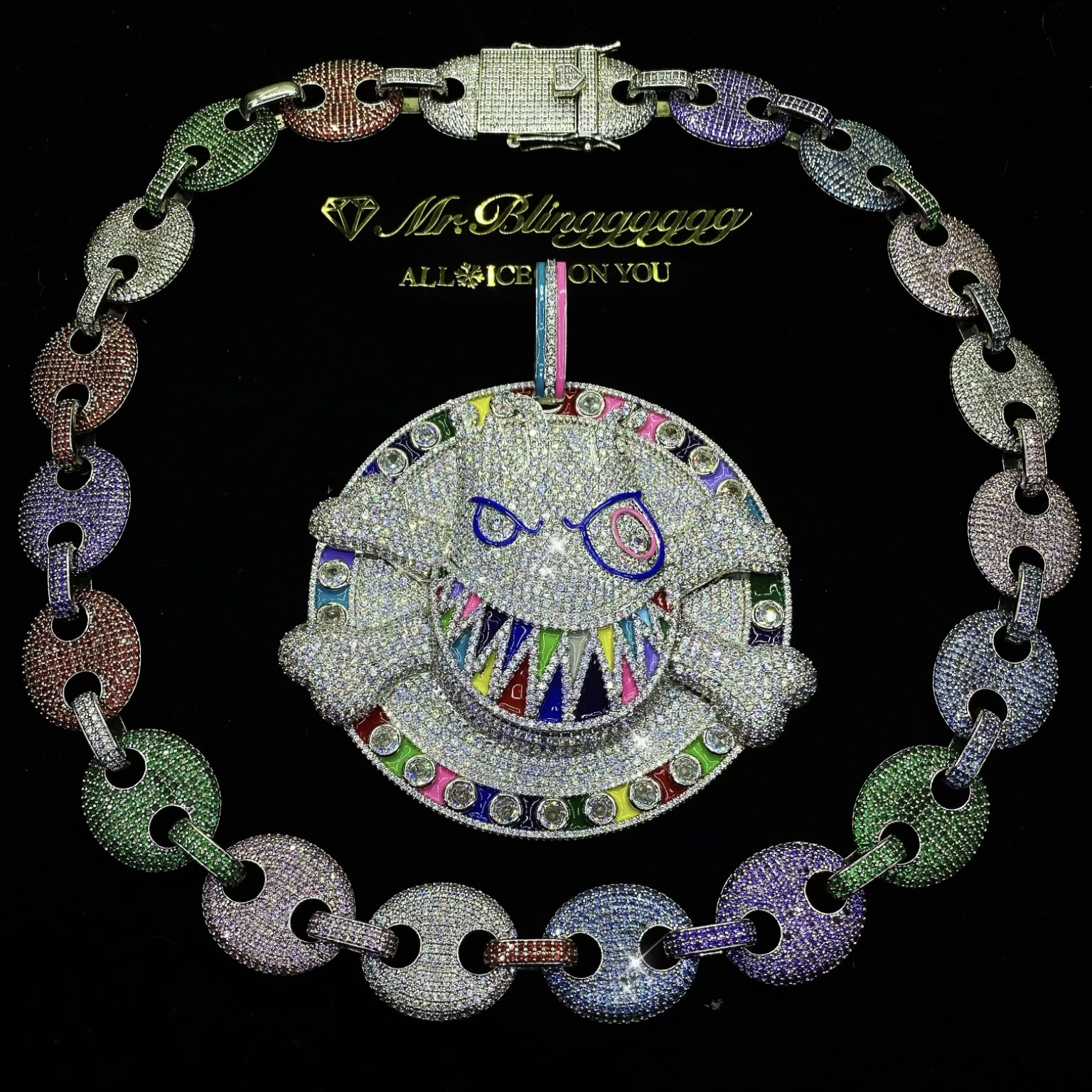 Mr.Blingggggg European and American hip-hop jewelry Travis Scott's same style full diamond large disc grimace pendant
