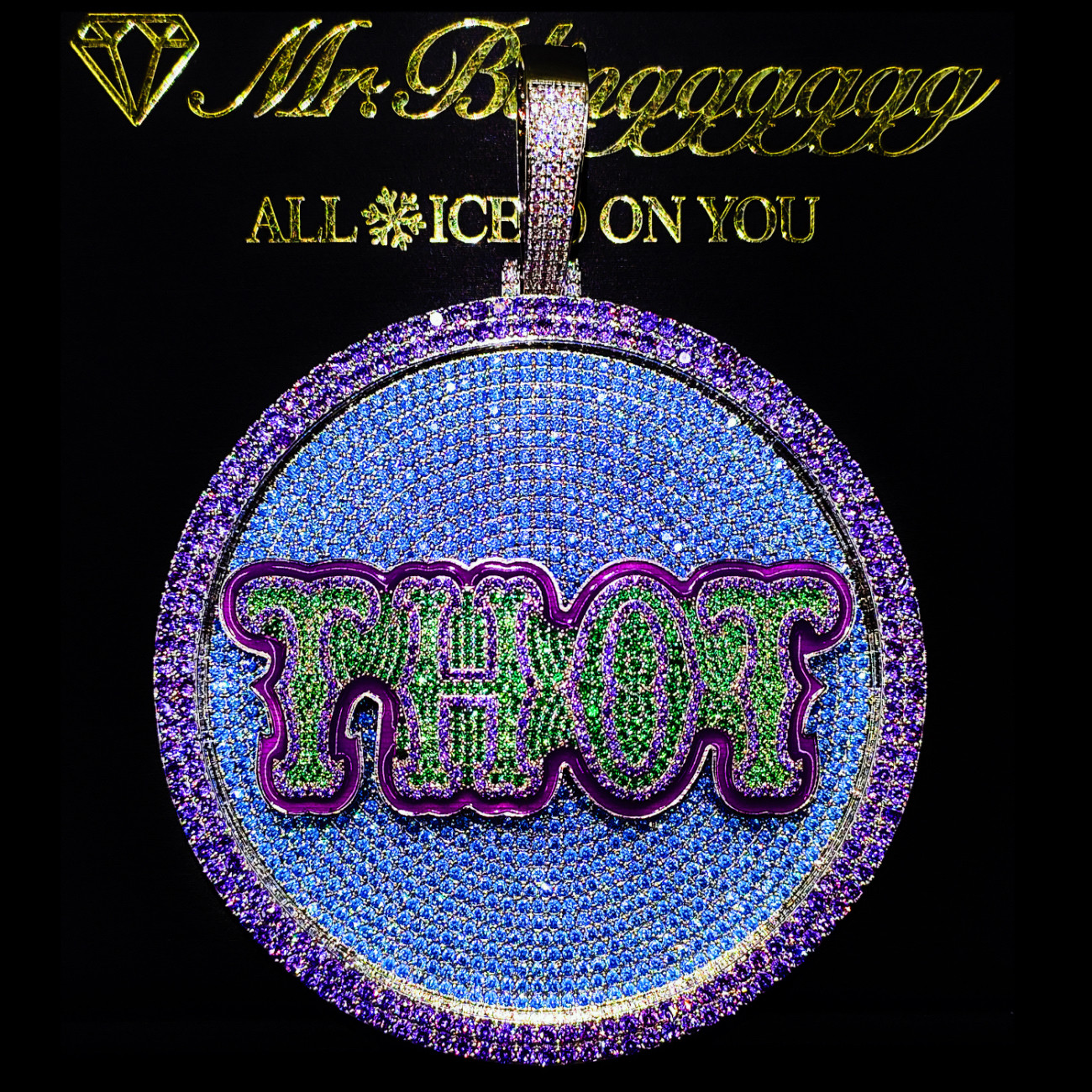 Mr.Blingggggg European and American hip-hop jewelry privately customized rotatable blue, green and purple letter disc pendant
