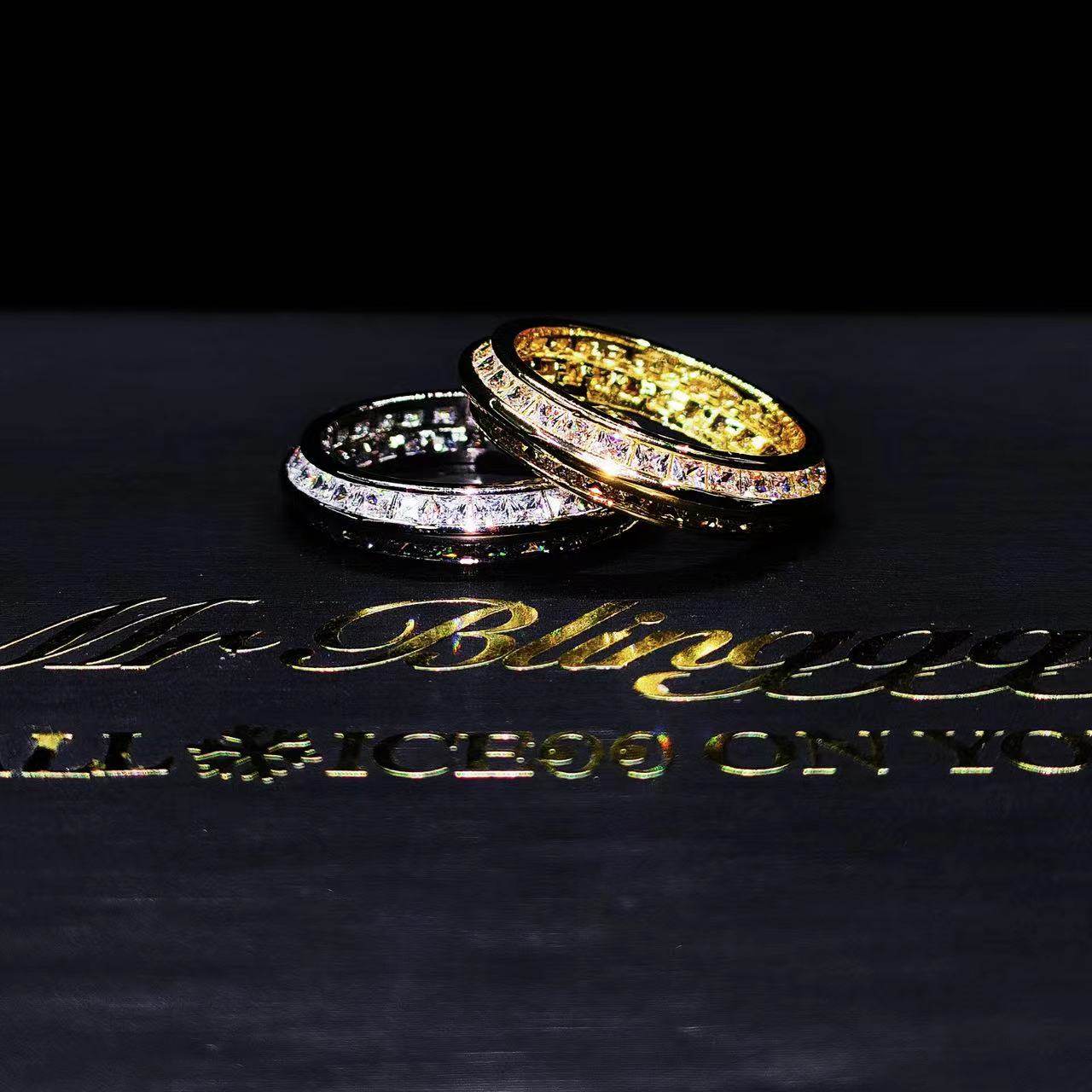 Mr.Blingggggg European and American hip-hop jewelry stainless steel non-fading inlaid princess cut baguette diamond couple ring
