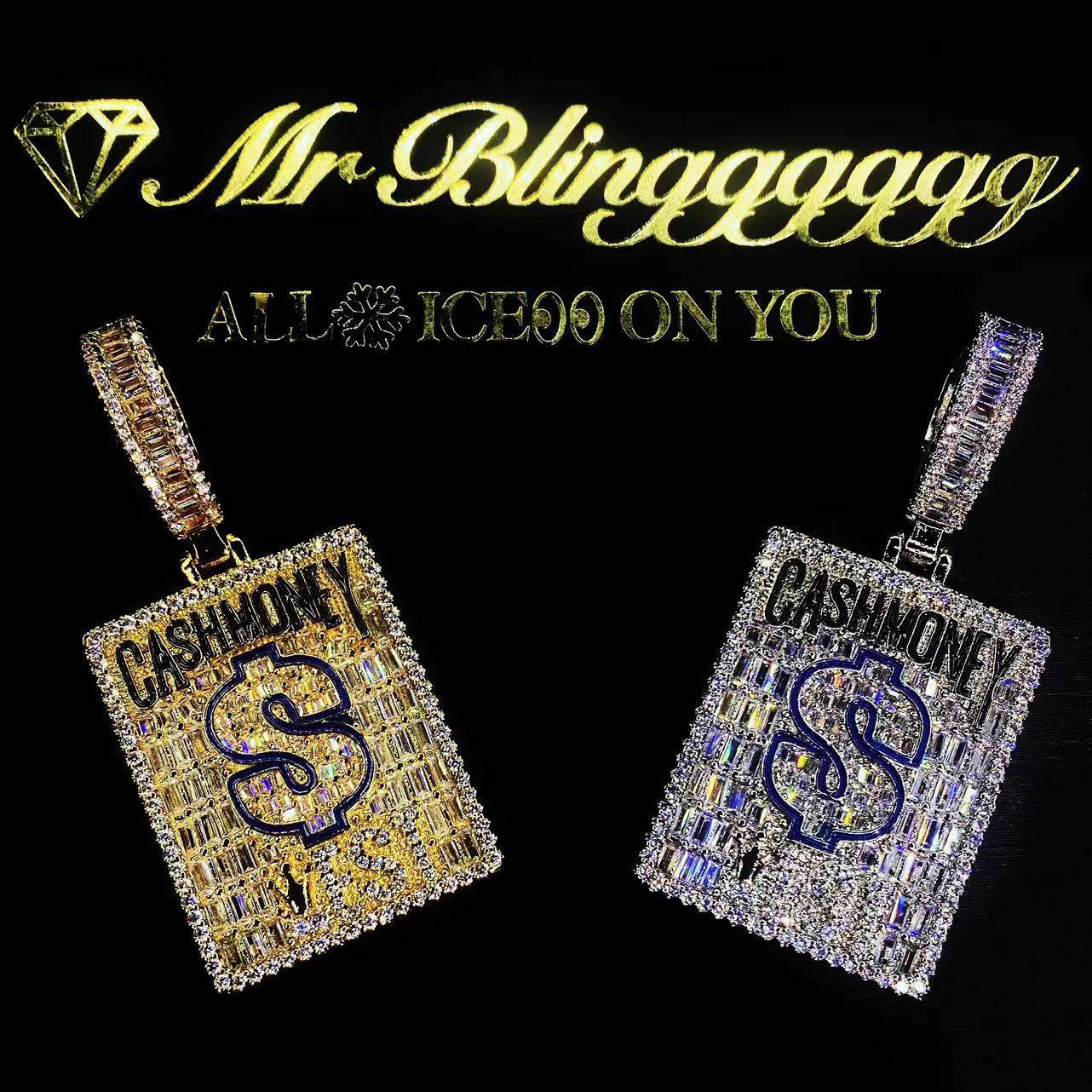 Mr.Blingggggg European and American hip-hop jewelry full of diamonds mixed inlaid with rectangular dollar bills to attract wealth and drop oil tags