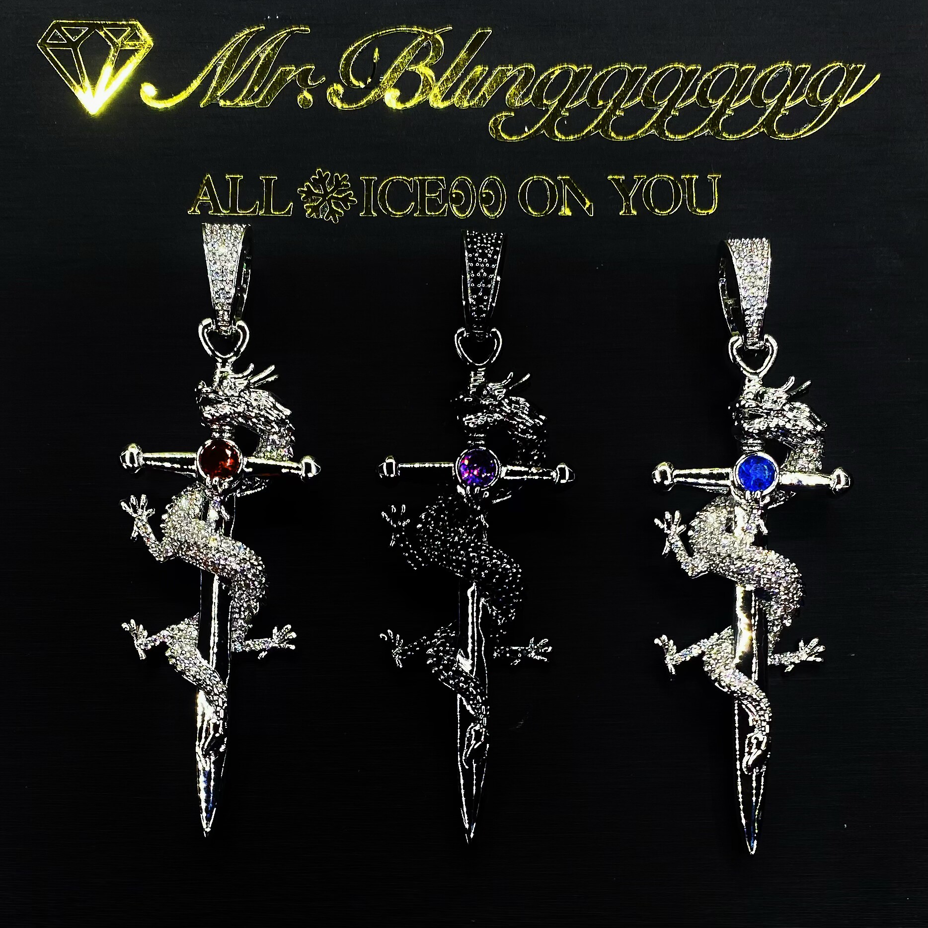 Mr.Blingggggg European and American hip-hop jewelry solid inlaid high-carbon diamond coiled dragon sword couple rap pendant