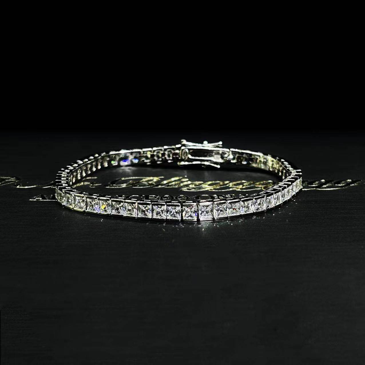 Mr.Blingggggg European and American hip-hop jewelry S925 sterling silver 5mm full diamond T square diamond row diamond tennis bracelet