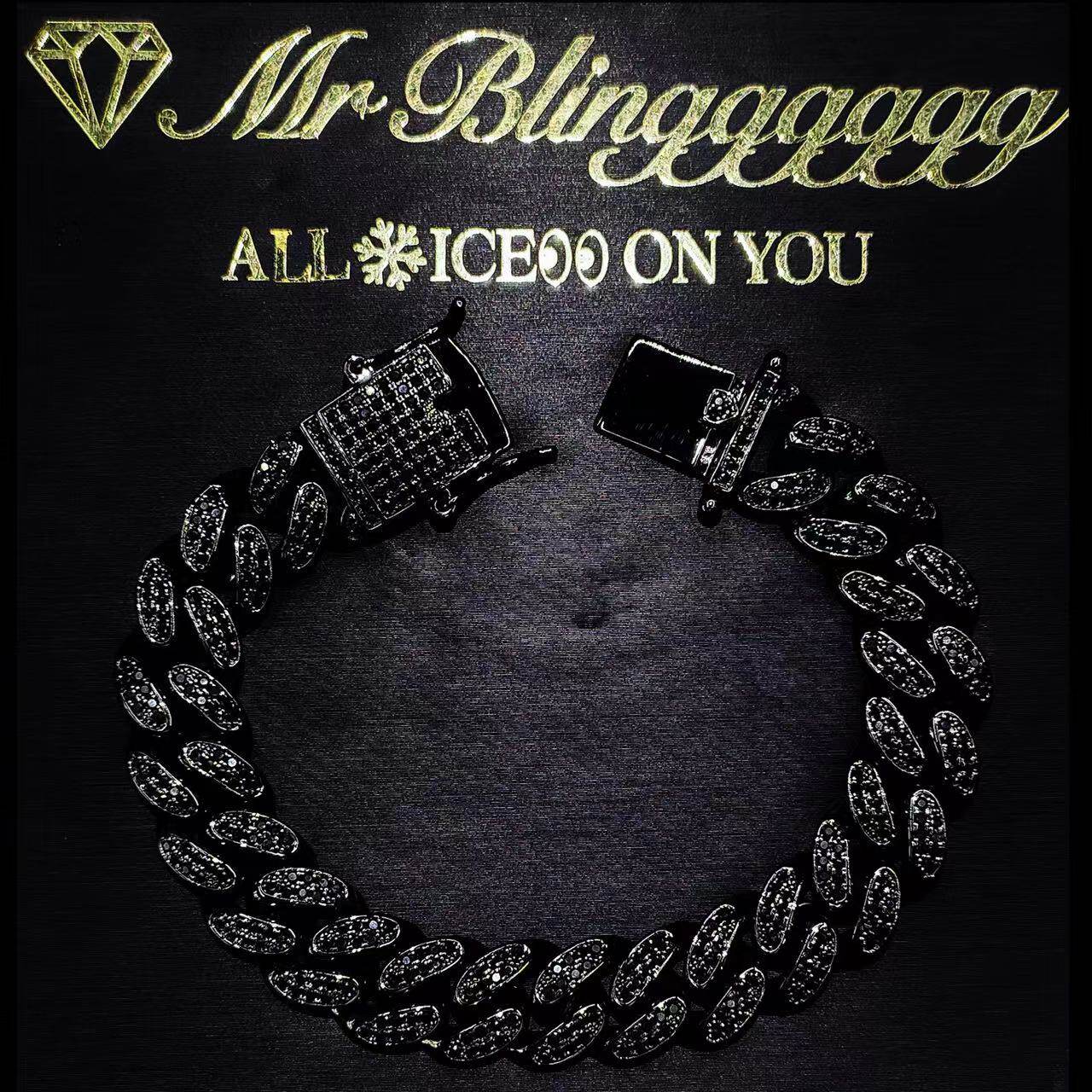 Mr.Blingggggg European and American hip-hop jewelry 12mm basic custom pure black full diamond black diamond Cuban chain