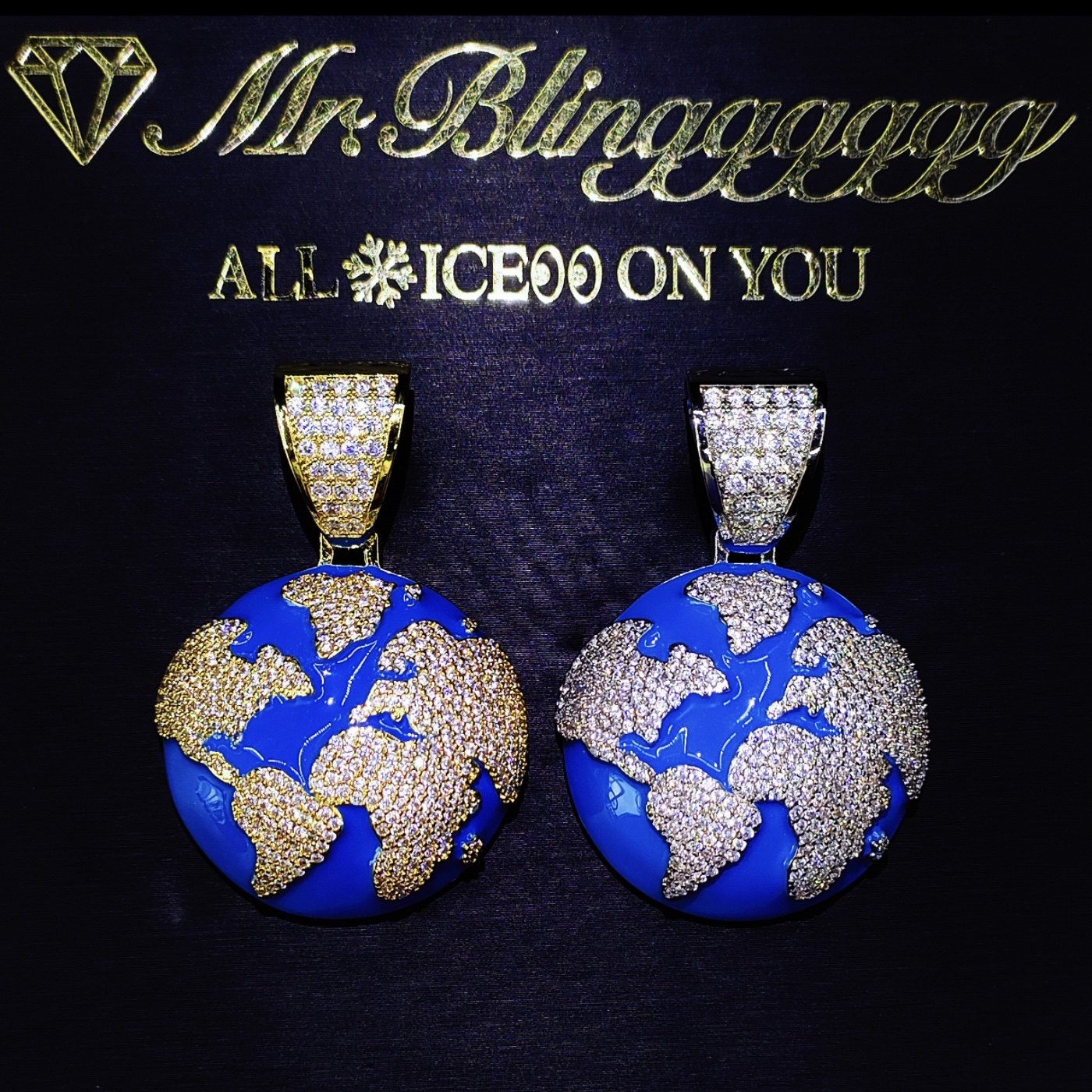 Mr.Blingggggg European and American hip-hop jewelry, unisex blue oil-drip diamond earth flash diamond pendant