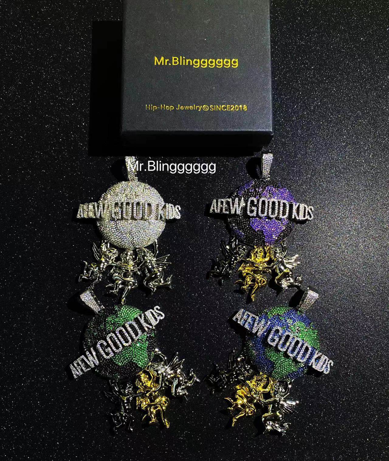 Mr.Blingggggg European and American hip-hop jewelry Ma Siwei's same half-diamond AFGK color angel earth pendant