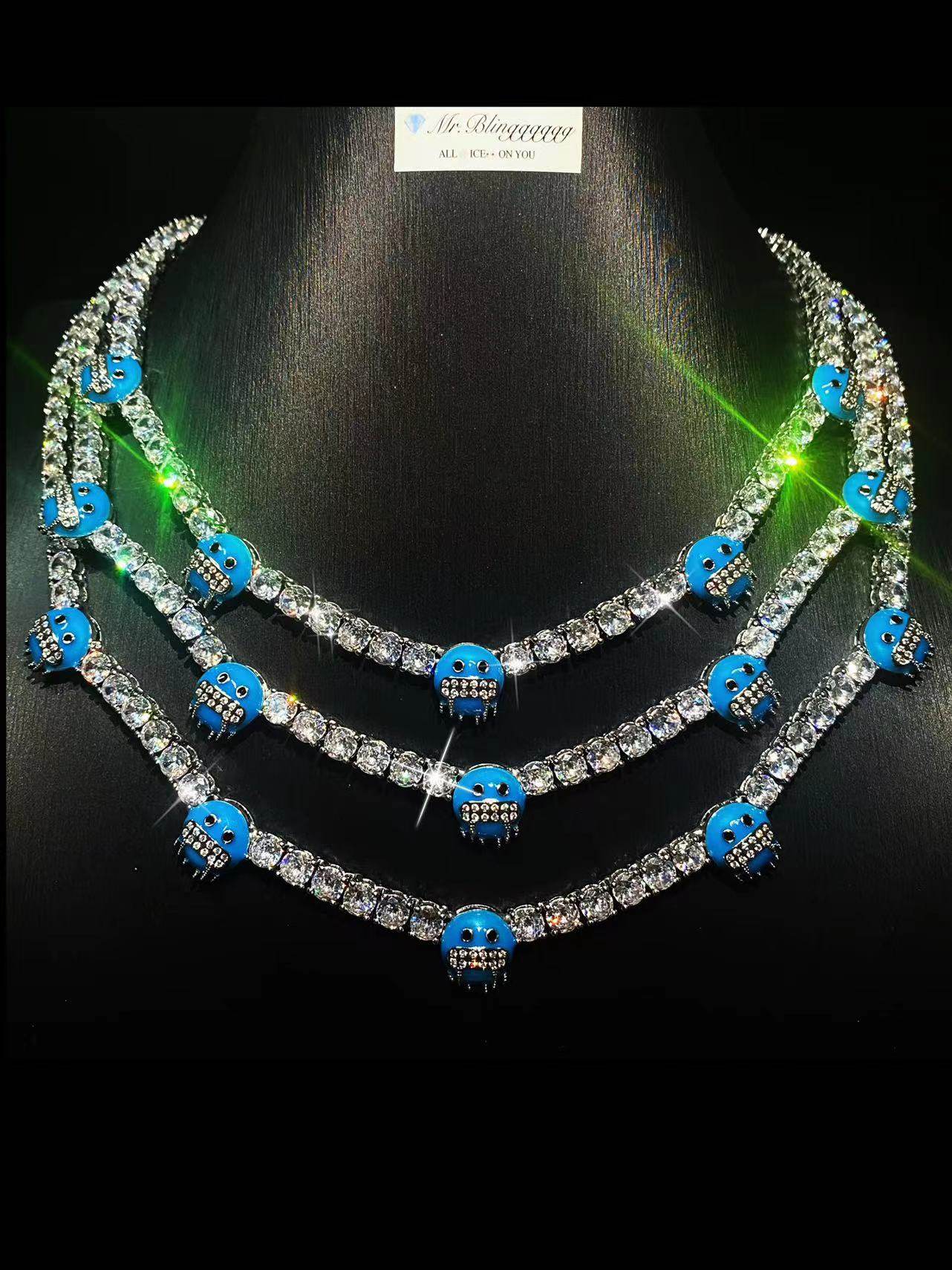 Mr.Blingggggg European and American hip-hop jewelry full of diamonds and luminous blue Iceman emoji diamond tennis chain