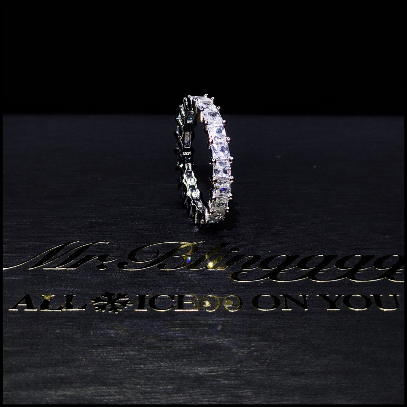 Mr.Blingggggg European and American hip-hop jewelry S925 silver single row diamond inlaid princess cut diamond couple ring