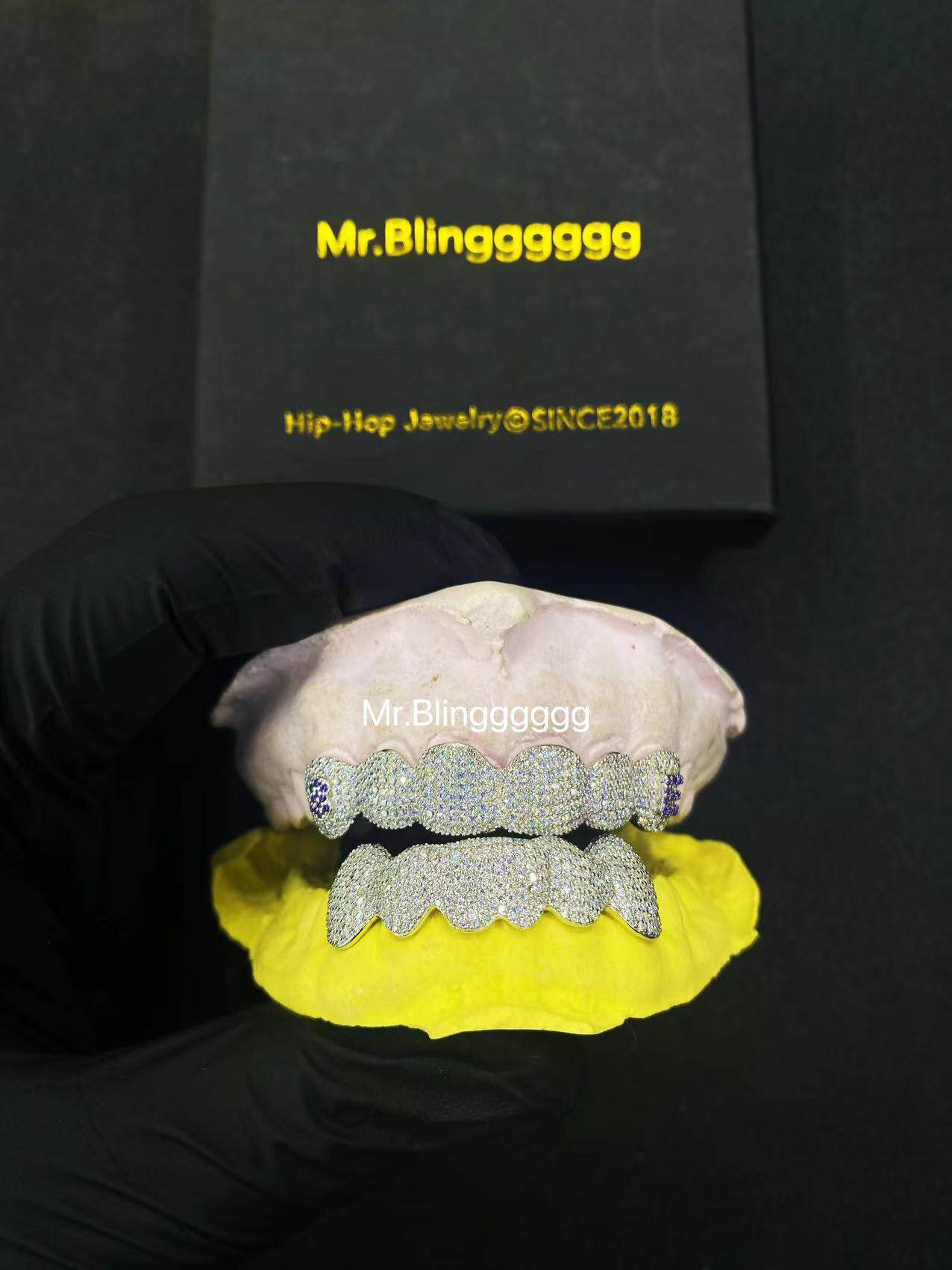 Mr.Blingggggg European and American hip-hop jewelry 8E customized sterling silver full of diamonds and purple letters super dense diamond teeth