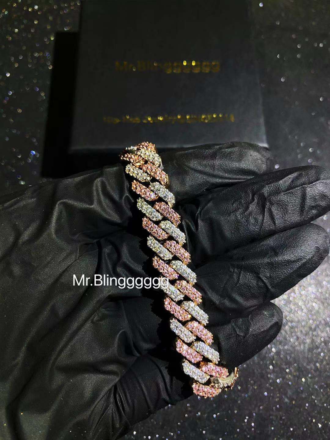 Mr.Blingggggg European and American hip-hop jewelry 12mm basic white and pink mixed color rhombus custom-made Cuban bracelets