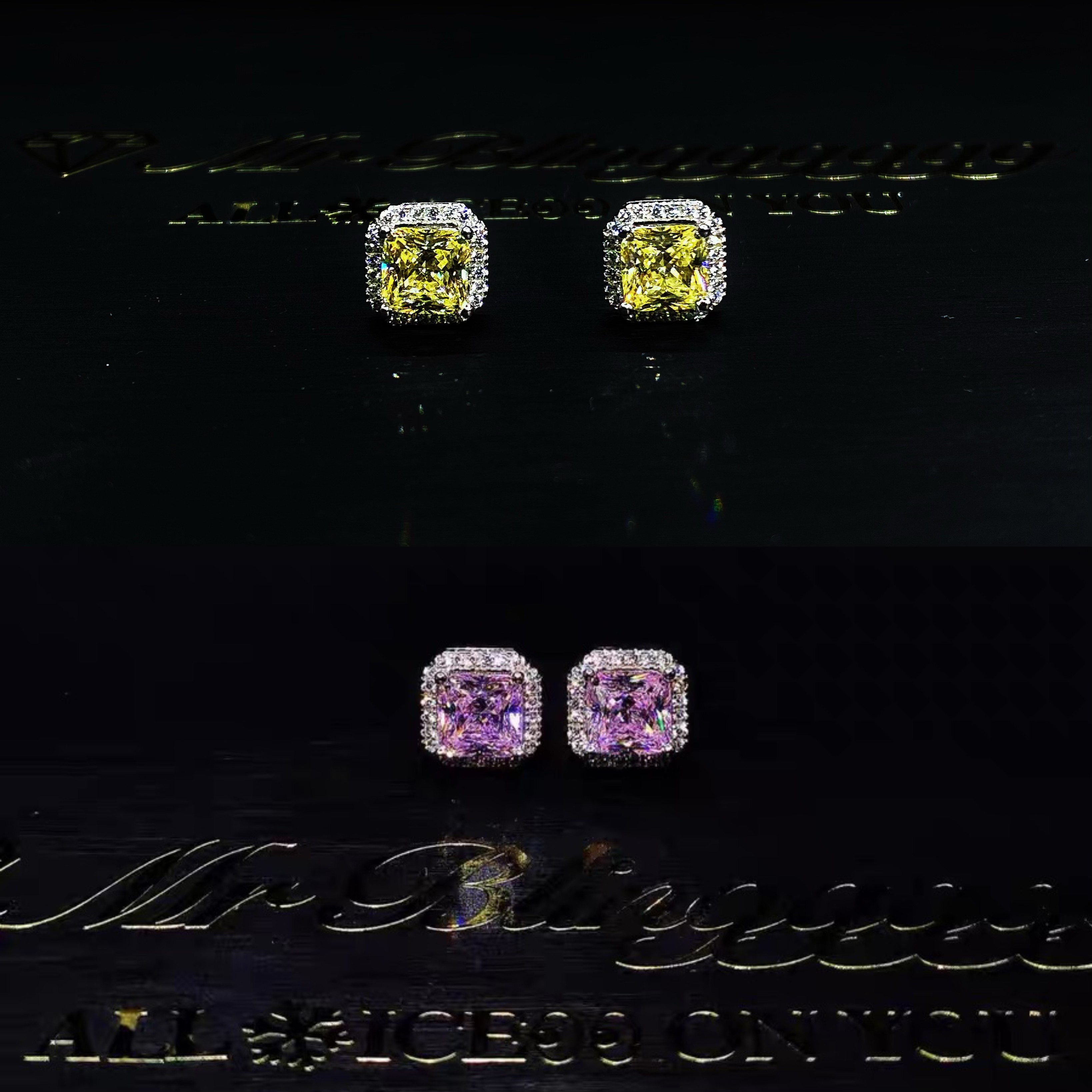 Mr.Blingggggg European and American hip-hop jewelry s925 sterling silver full diamond mixed pink yellow rock candy earrings