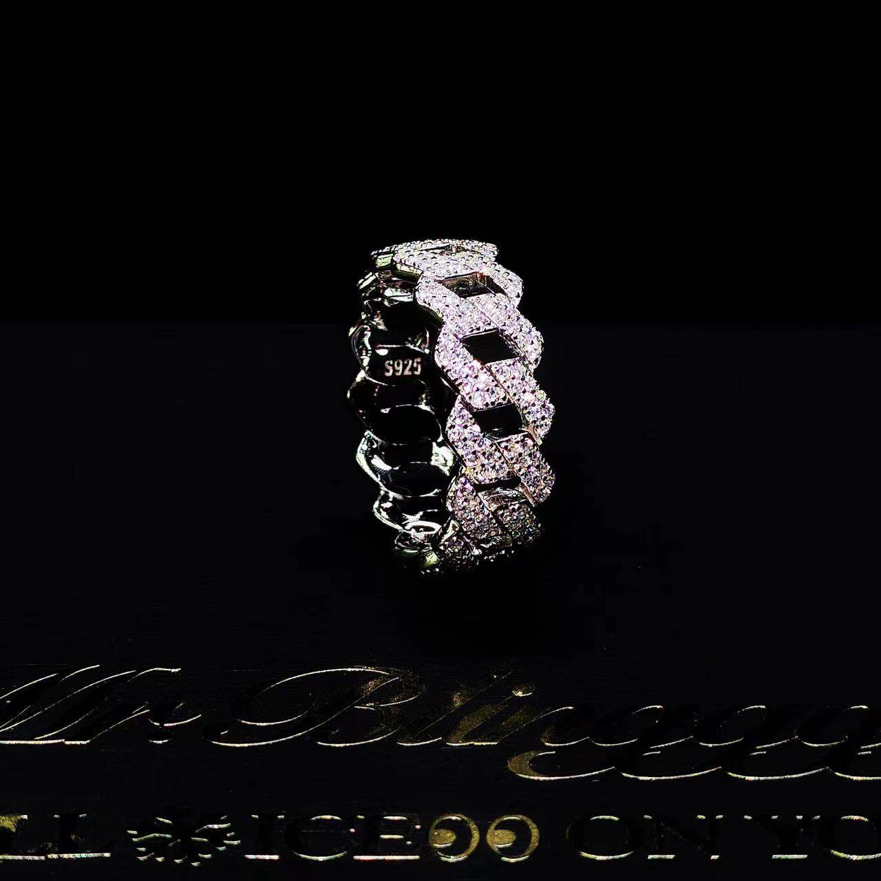 Mr.Blingggggg European and American hip-hop jewelry unisex S925 silver full diamond basic diamond-shaped Cuban ring