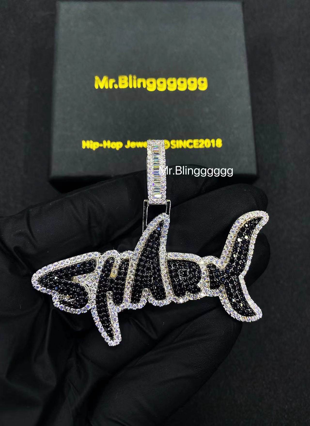 Mr.Blingggggg European and American hip-hop jewelry full diamond black and white shark shape shark letter pendant