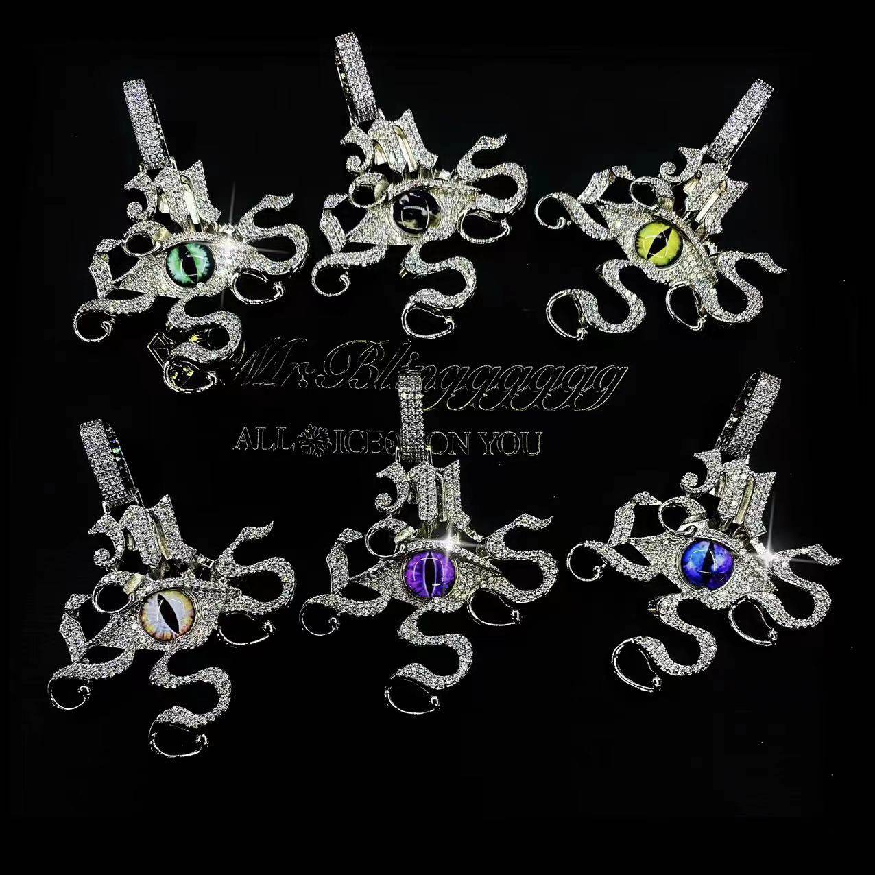 Mr.Blingggggg European and American hip-hop jewelry full diamond solid color glass Eye of Horus letter pendant