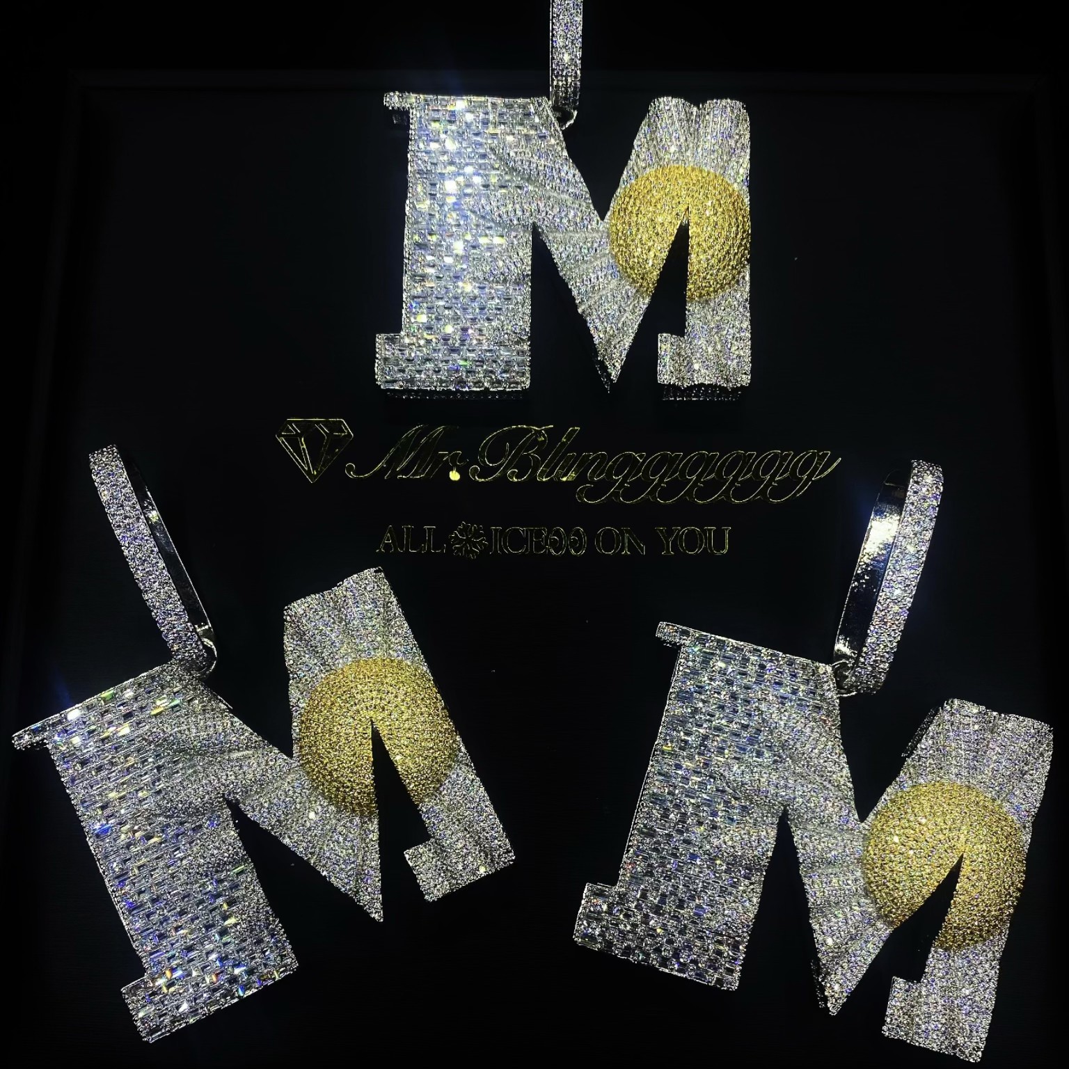 Mr.Blingggggg European and American hip-hop jewelry knowknow same style full diamond mixed inlaid letter M pendant